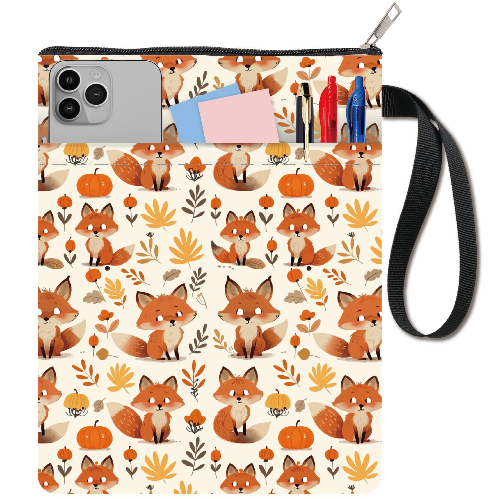 CRASPIRE 11x8.6 Inch Cartoon Fox Book Cover Book Sleeve Autumn Plant Cloth Washable Waterproof Notebook Paperback Protector Bag Zipper Extra Pocket for Charm Christmas Birthday Graduation Readers