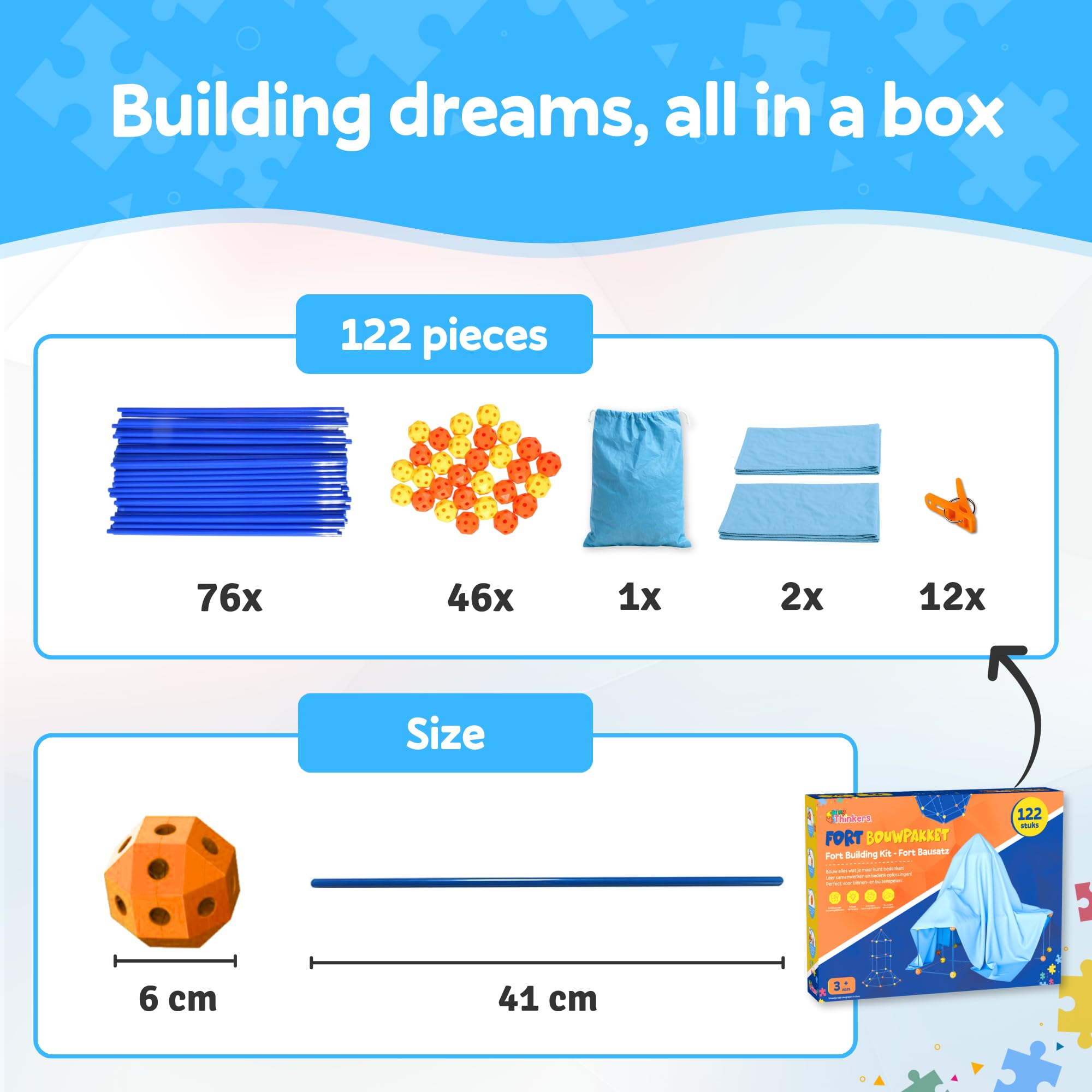 Fort - Set da costruzione XL per bambini, 122 pezzi, sistema a incastro con 76 barre e 46 palline di collegamento, set per interni ed esterni, giocattolo da costruzione a partire dai 5 anni, con borsa
