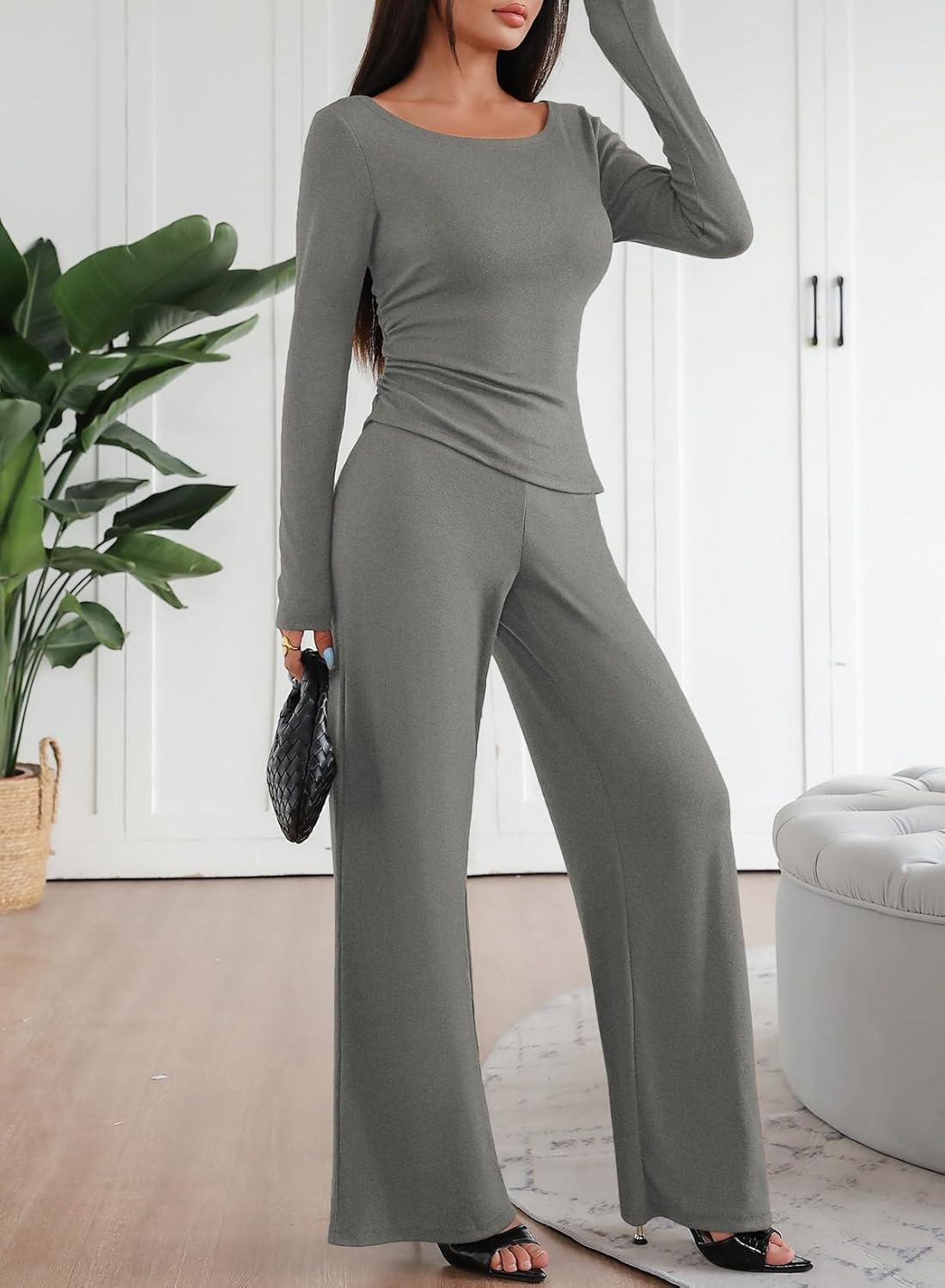 Pink Queen Sweatsuits Women 2 Piece Outfit Asymmetrical Long Sleeve Top Wide Leg Pants Casual Matching Sweat Sets - Image 3