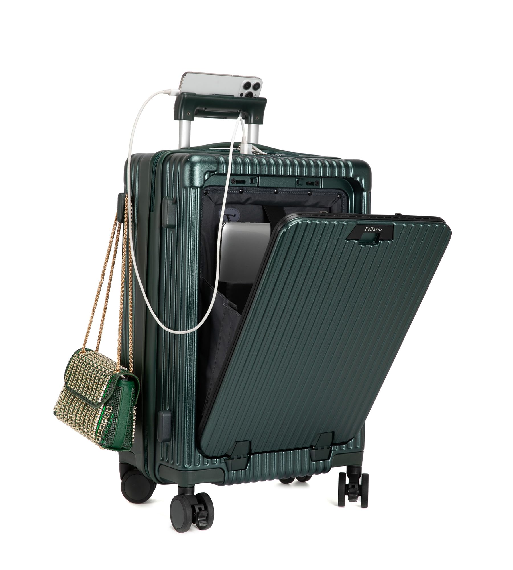 feilario Valigia da 50,8 cm con telaio in alluminio rigido con chiusura a cerniera, serratura TSA integrata, con portabicchieri, porta USB e supporto per telefono, verde (con chiusura a cerniera, 50,8