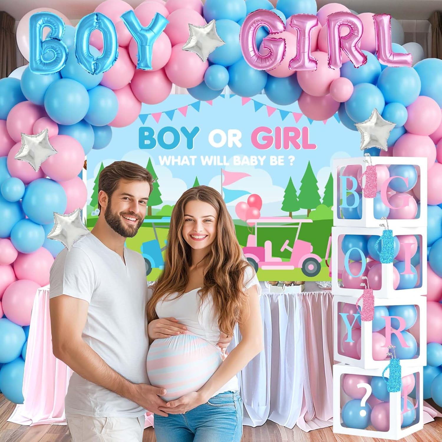 Golf Gender Reveal Decorations, Baby Boy or Girl Gender Reveal Party Decor, Golf Club Putters Backdrop Balloon Banner Tablecloth Box Sash for Caddie Be Gender Reveal Supplies