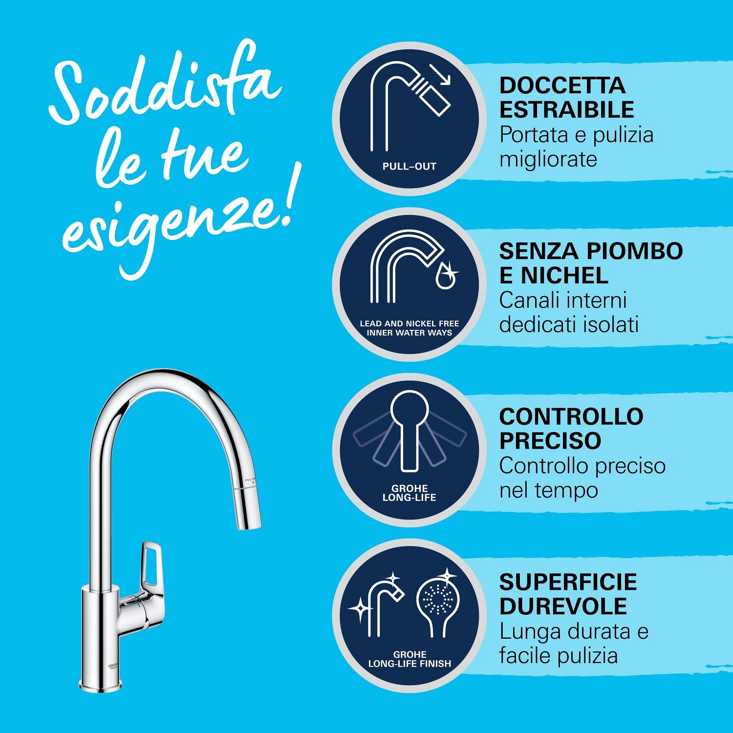 GROHE StartLoop - Rubinetto da cucina con beccuccio alto rimovibile, forma C, girevole a 360°, installazione QuickFix, limitatore di flusso ecologico, cromato, 305560000