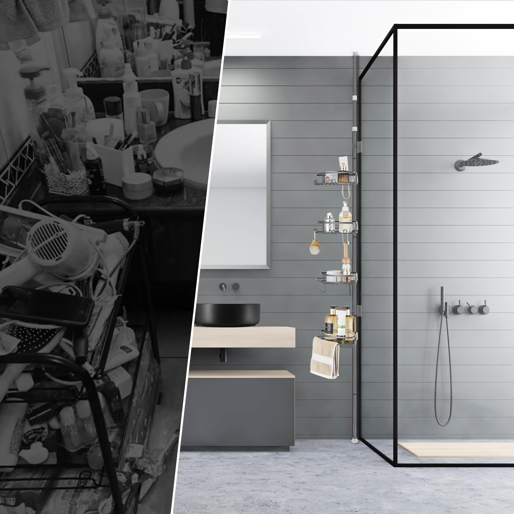 DUFU Etagere Douche Telescopique avec 4 Étagère de Rangement d'Angle pour Salle de Bain et Wc Réglable en Hauteur 85-325cm Métal Gris