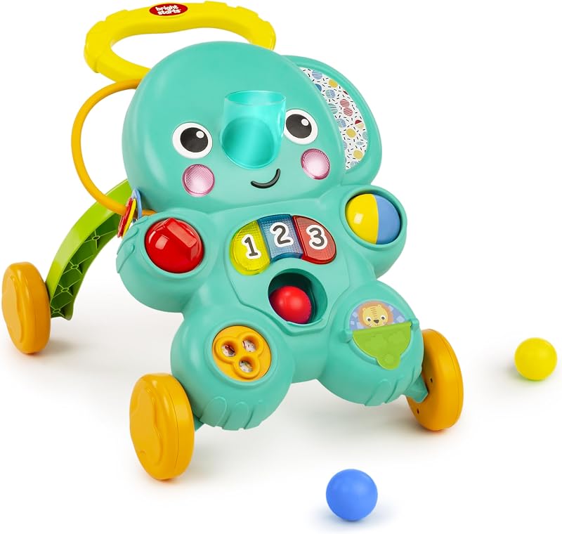 Bright Starts Stroll 'n Roll Andador de empuje de bolas 2 en 1: incluye 3 pelotas de juguete, elefante con más de 70 canciones y sonidos, 7 actividades: caída de pelota, piano, giro, libro plegable y más