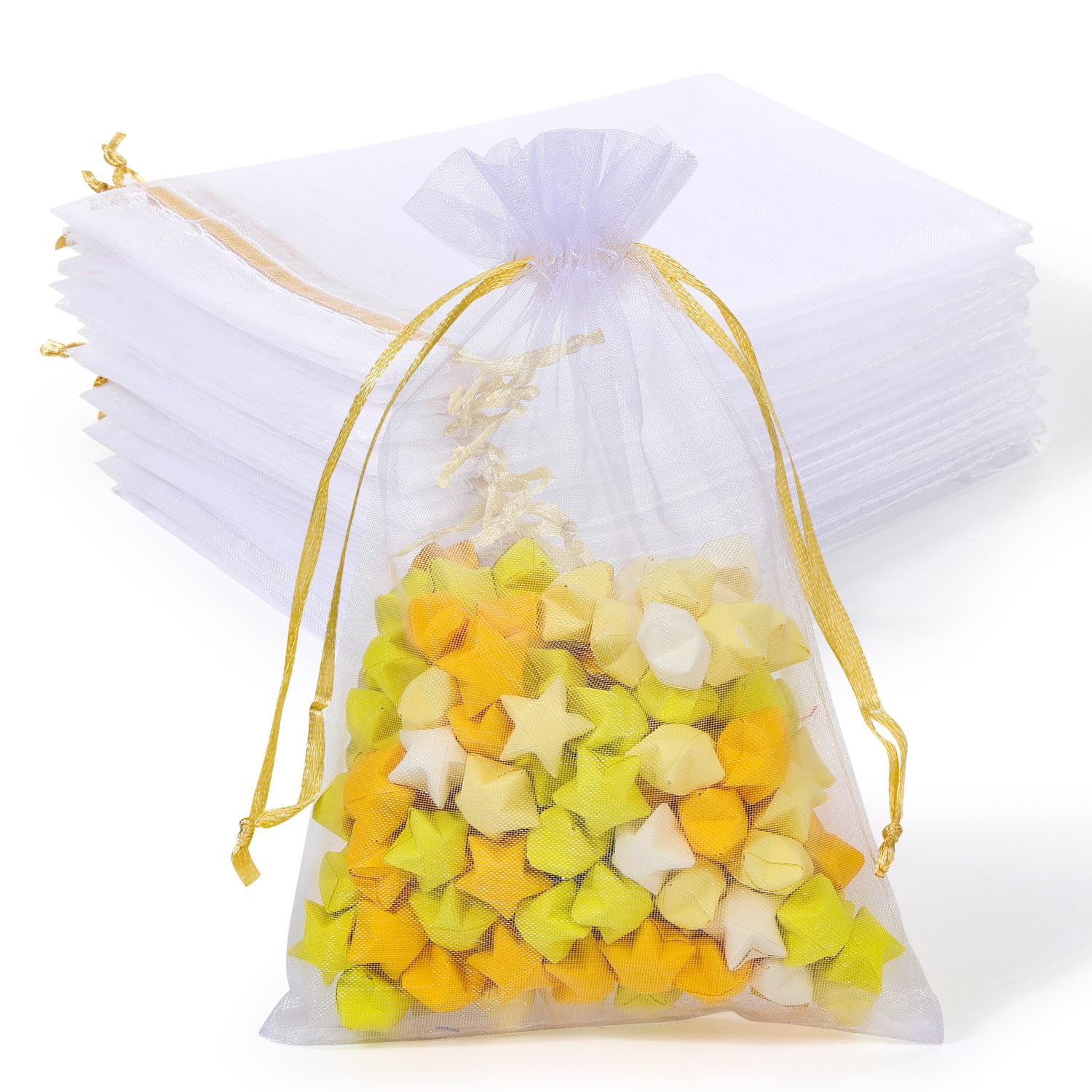 100PCS Premium White Organza Bags with Gold Drawstring, 4x4.72inch Wedding Favor Gift Bags, Mesh Pouch for Jewelry, Party, Christmas, Mother's Day, Festival, Bathroom Soaps, Makeup Organza, Wrapping Supplie