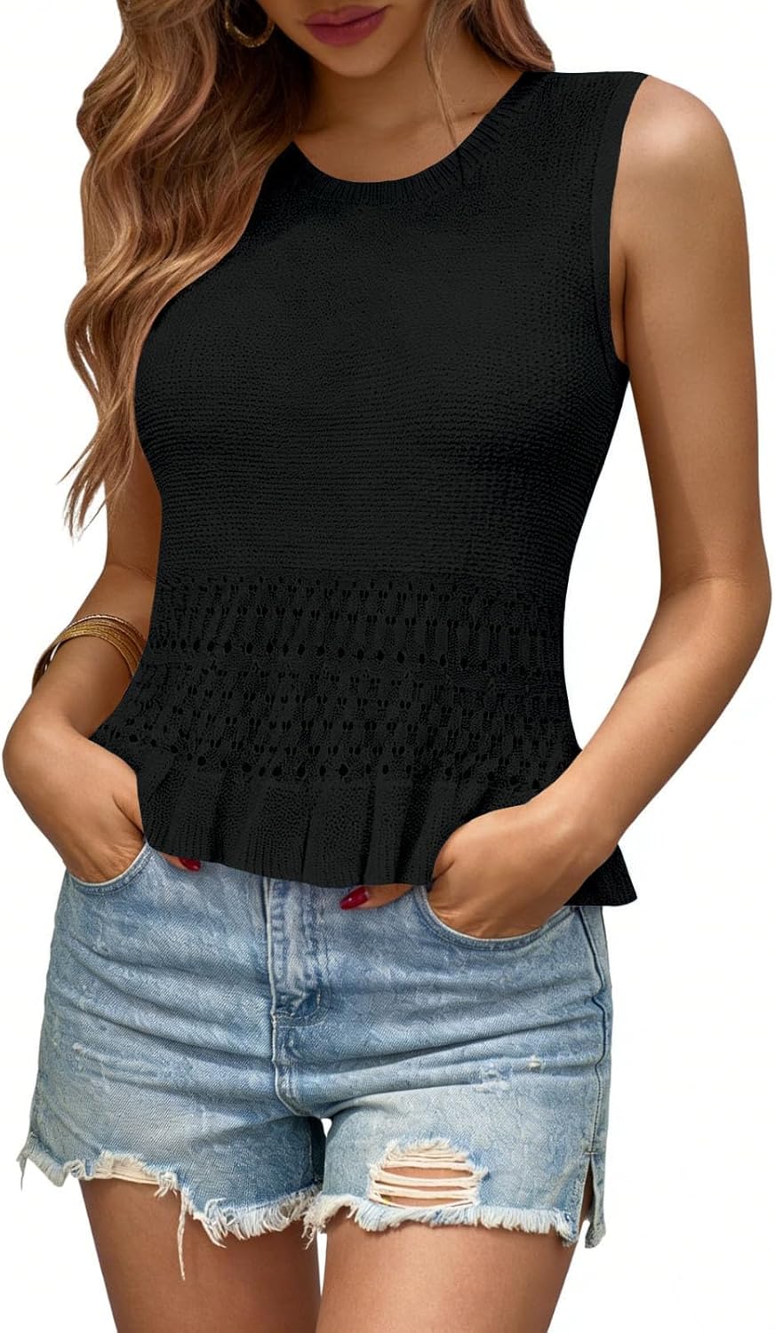LCXWFE Women Summer Crop Tank Tops Knit Sleeveless Vest Crochet Ruffle Hem Sweater - Image 3