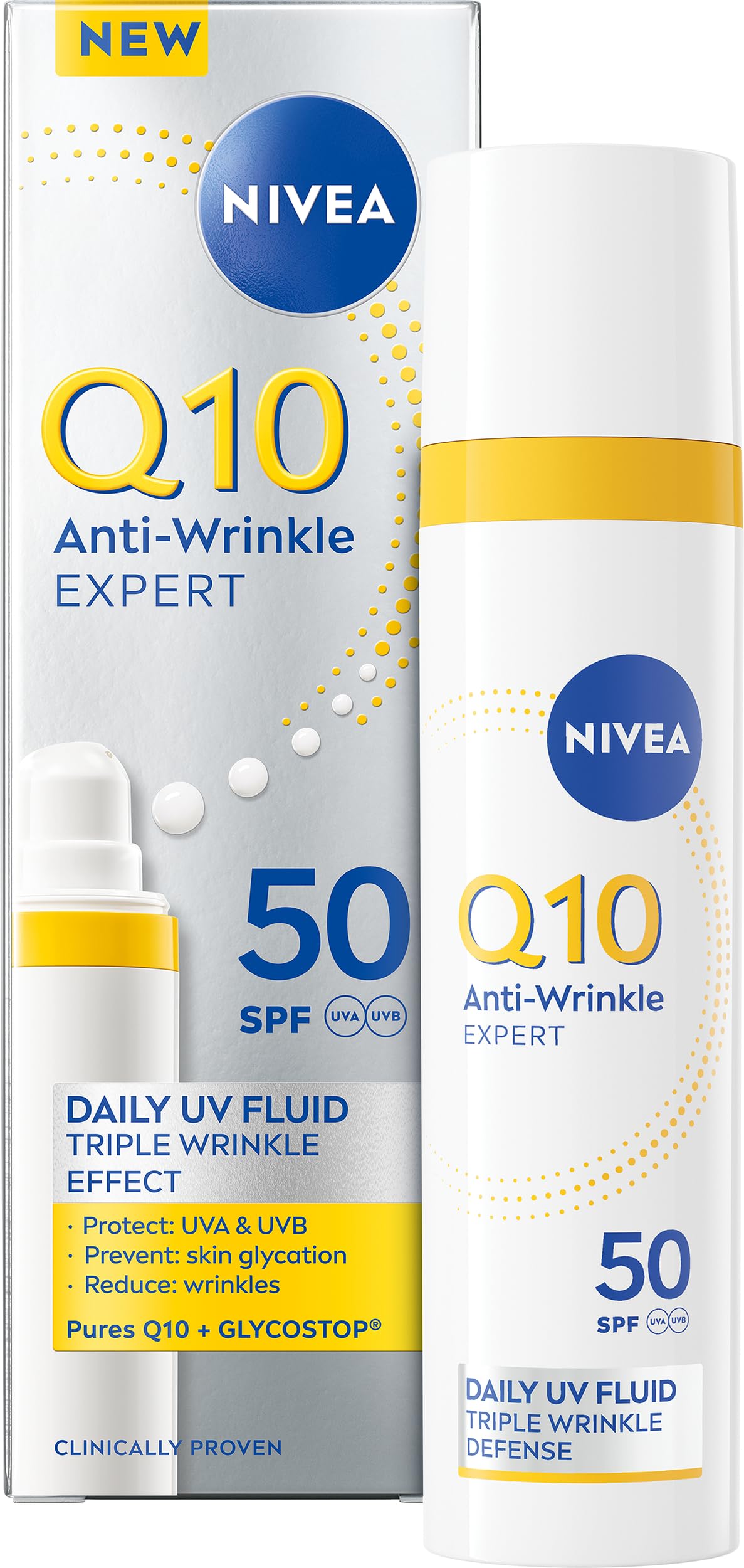 NIVEA Q10 Anti-Wrinkle Expert Daily UV Face Fluid SPF 50 40ml, Anti-Ageing Cream with High UVA/UVB Protection to Prevent Wrinkles, Sun Cream with Matte Finish Ideal for Oily Skin