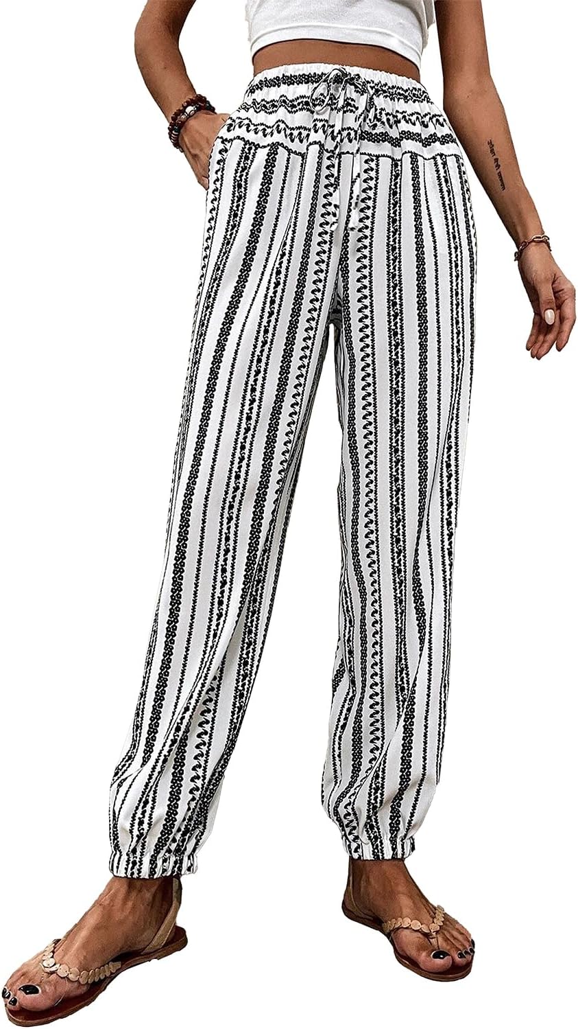 Trendy and Relaxed Fit Joggers - Black and White Striped Print with High Waist Design