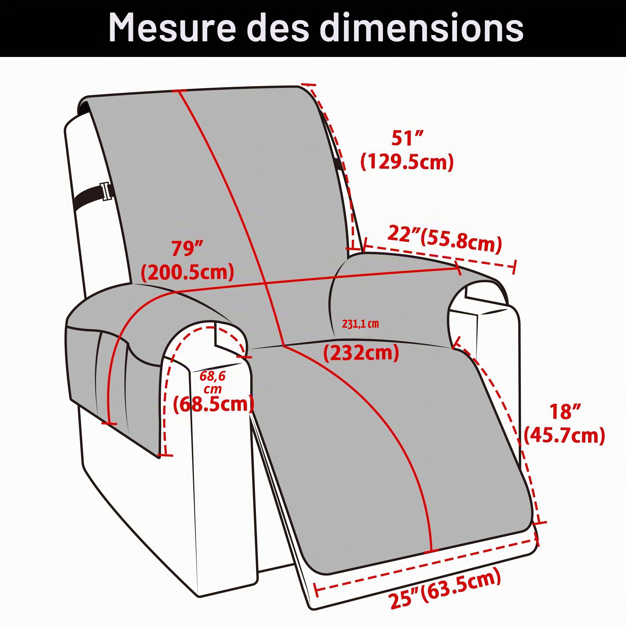 TIANSHU Housse Fauteuil Relax Imperméable, Housse pour Canapé Relax Housse Matelasse Réversible Chat Chiens Fauteuil Protection Lavable Résistant à l'usure Antidérapant(1 Place, Gris)