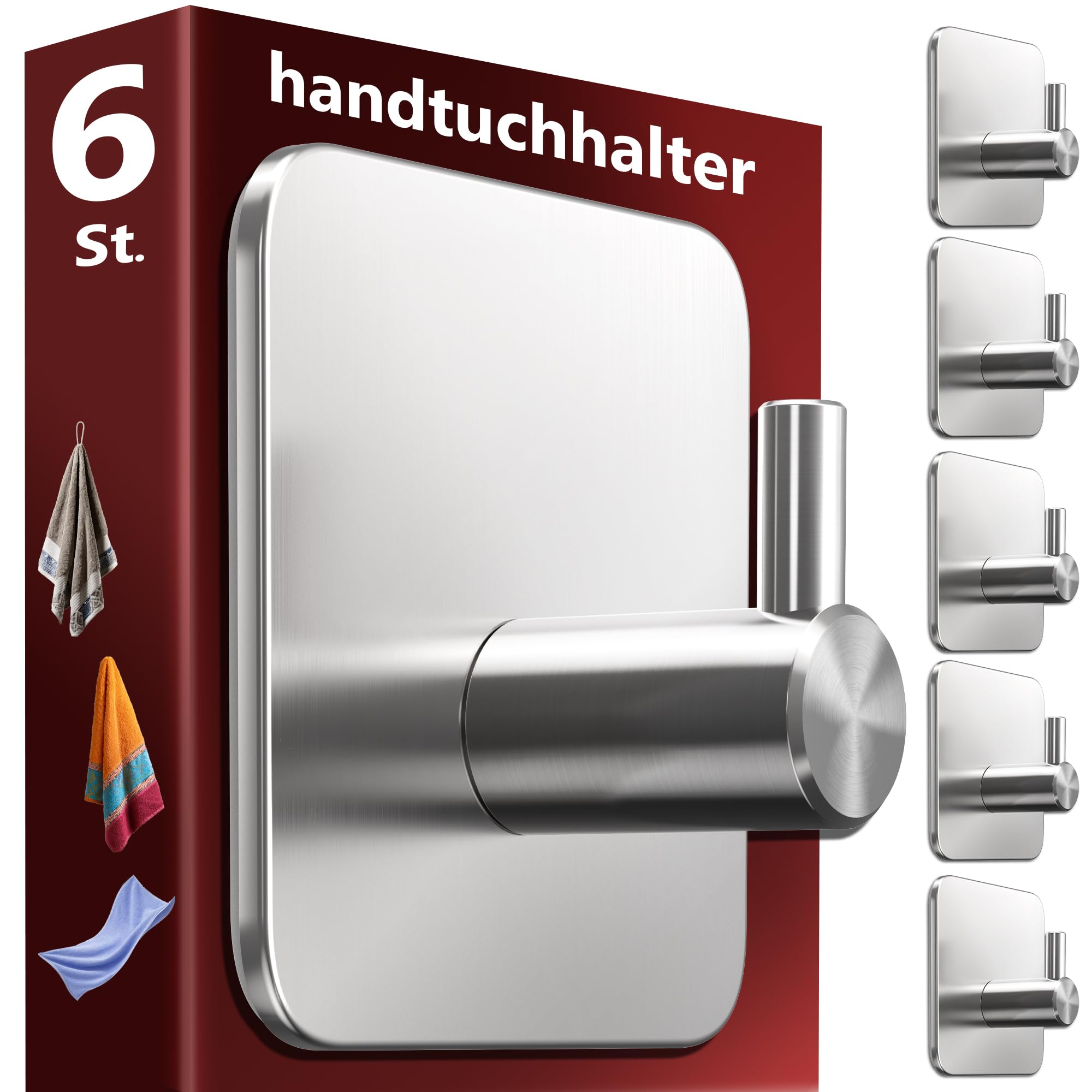 Menz Handtuchhaken ohne Bohren, 6 Stück, Klebehaken aus rostfreiem und wasserfestem 304 Edelstahl, Ideal für Badezimmerfliesen, 10 kg Tragkraft, Haken selbstklebend für Bad und Küche