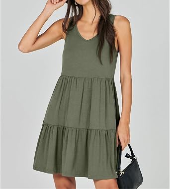 Tank Dress for Women Trendy V Neck Sleeveless Mini Dresses Summer Loose Fit Pleated Tiered Tummy Control Sundress