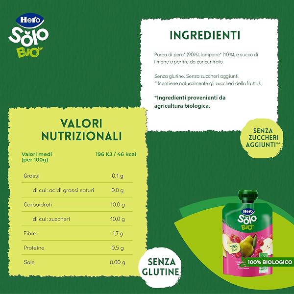 Hero Solo Bio, Frutta Frullata 100% Bio, Senza Zuccheri Aggiunti, Purea di Pera e Lampone - 18 Confezioni da 100 gr - 2