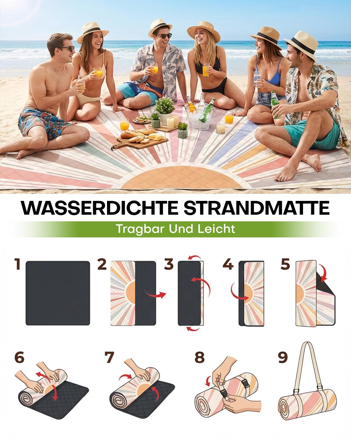 Picknickdecke 200x200 cm, Wasserdicht & Waschbar, Dreischichtige Struktur, Faltbare Stranddecke für 4-6 Personen, Tragbar Campingdecke mit Trageriemen für Picknick, Camping, Strand