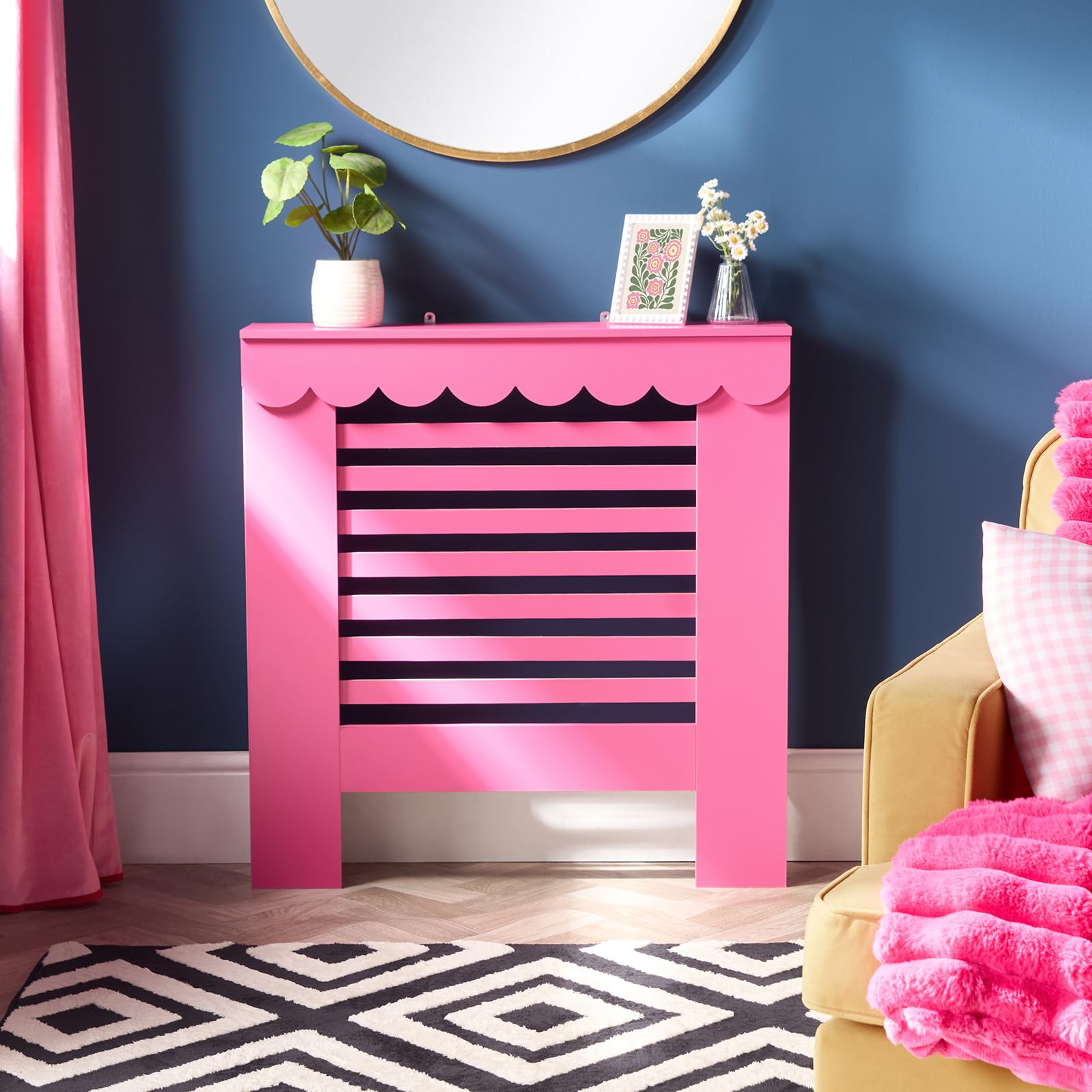 OHS Small Radiator Cover, Modern Slatted Front MDF Cabinet Heater Cover with Scallop Edge Top Shelf Radiator Covers for Living Room Bedroom Hallway, Hot Pink - 78 x 82 x 19cm — image 1