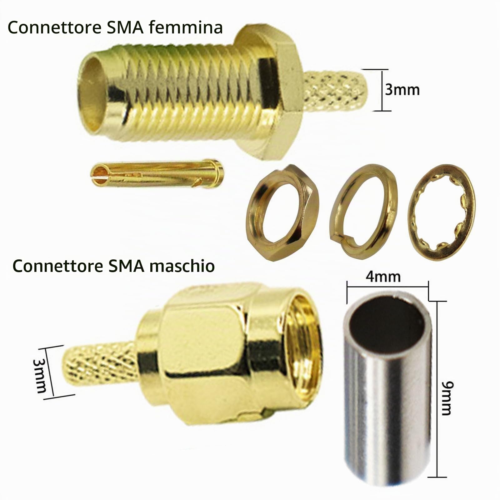 10 connettori SMA maschio a femmina e strumento di crimpatura coassiale per cavo di prolunga antenna wifi RG174 RG316