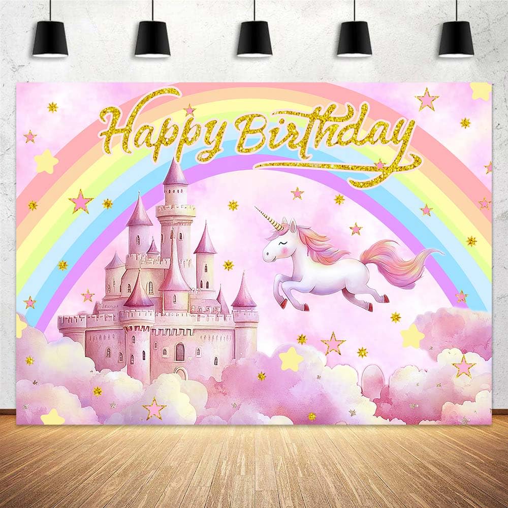 10x8ft Pink Princess Castle Unicorn Birthday Backdrop Colorful Rainbow Cloudy Pastel Girl Birthday Photograph Background Gold Glitter Stars Party Cake