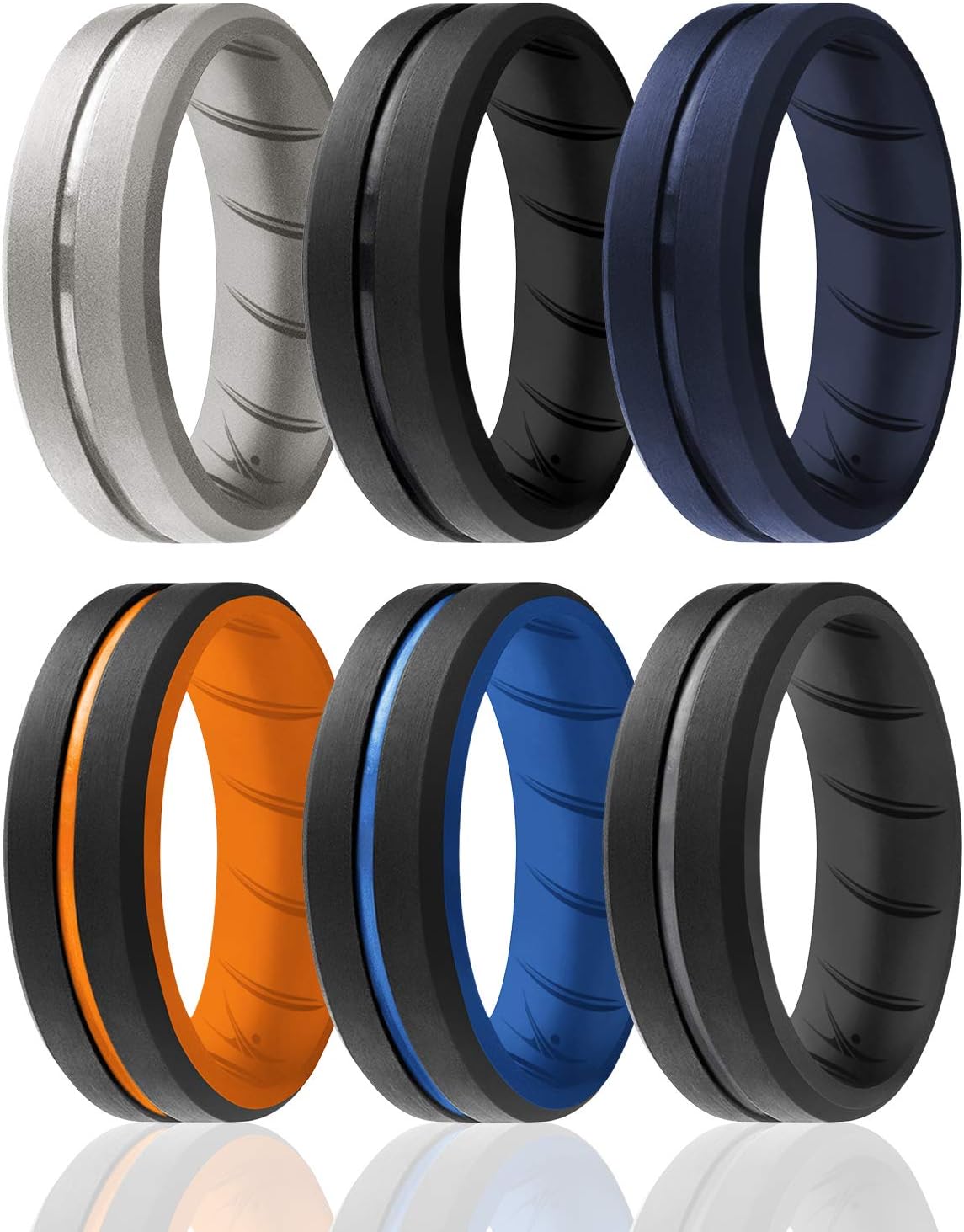 Silicone Rubber Wedding Ring for Men, Men's Wedding Band, Breathable Rubber Engagement Band, 2 Thin & Middle Lines, Beveled Edge & Engraved Duo, Multi Colors