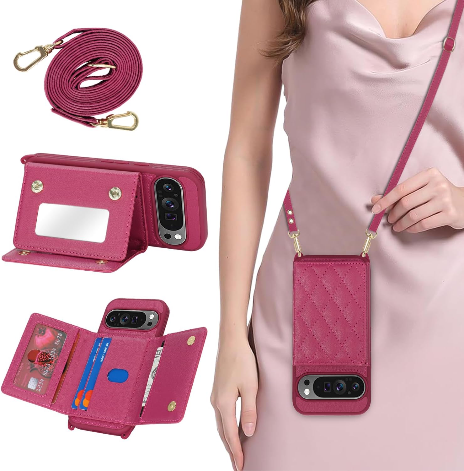 for Pixel 10/10 Pro Case with Card Holder and Strap for Women,Crossbody Lanyard, Make Up Mirror,Snap Clasp,Cute Phone Wallet Cases - Rose red