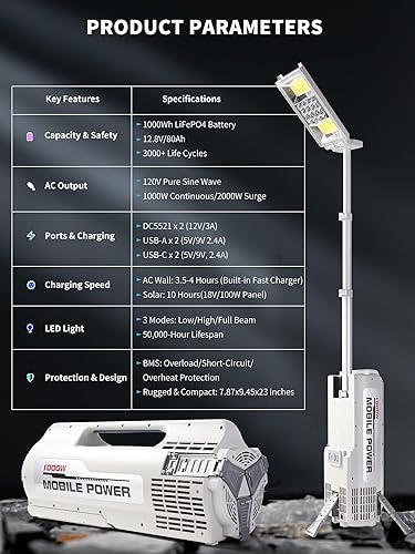 Miniatura 5 de Estación de energía portátil con luz de campamento ajustable, estación de energía de batería LiFePO4 de 1000 Wh, generador solar para respaldo del