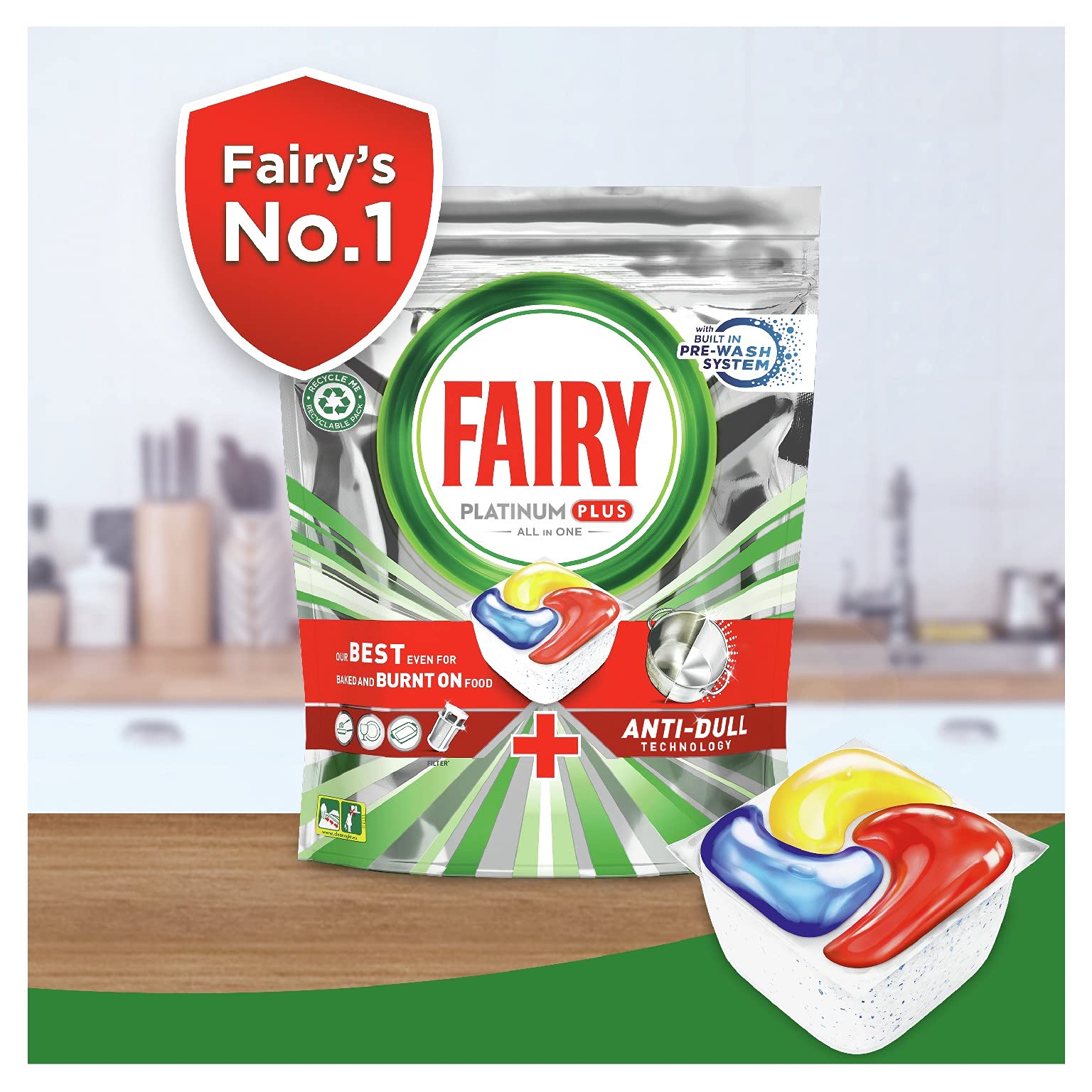 Fairy Detergente per lavastoviglie Platinum Plus, 180 lavaggi, 3 confezioni da 60 lavaggi, opaco
