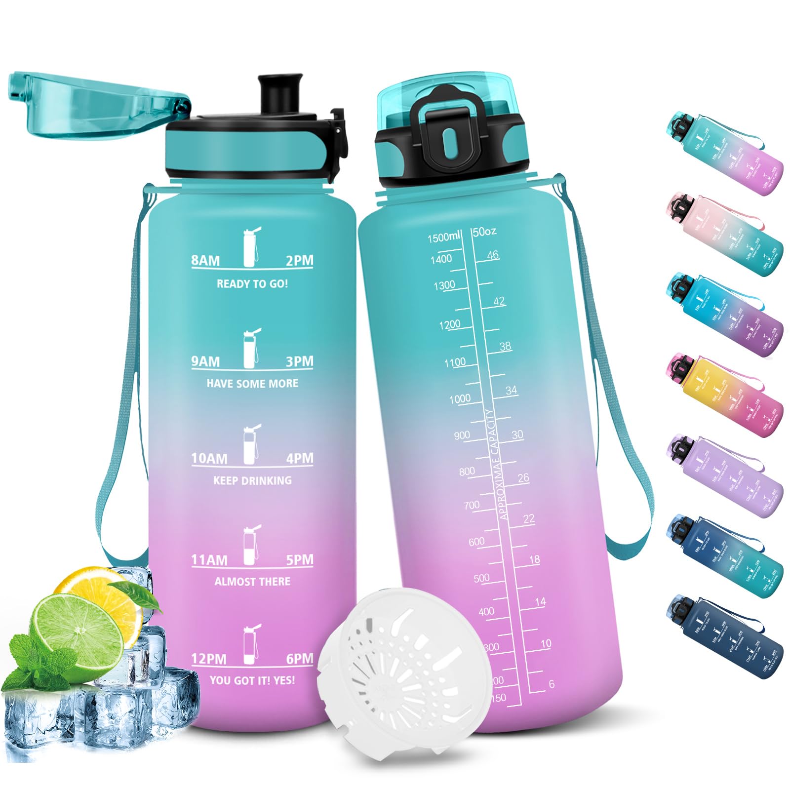 HoneyHolly Drinking Bottle 1500 ml, Leak-Proof with Time Marking, Water Bottle, Drinking Bottles with Filter, Suitable for Carbonated Drinks, Water Bottle for Hiking, Running, Cycling