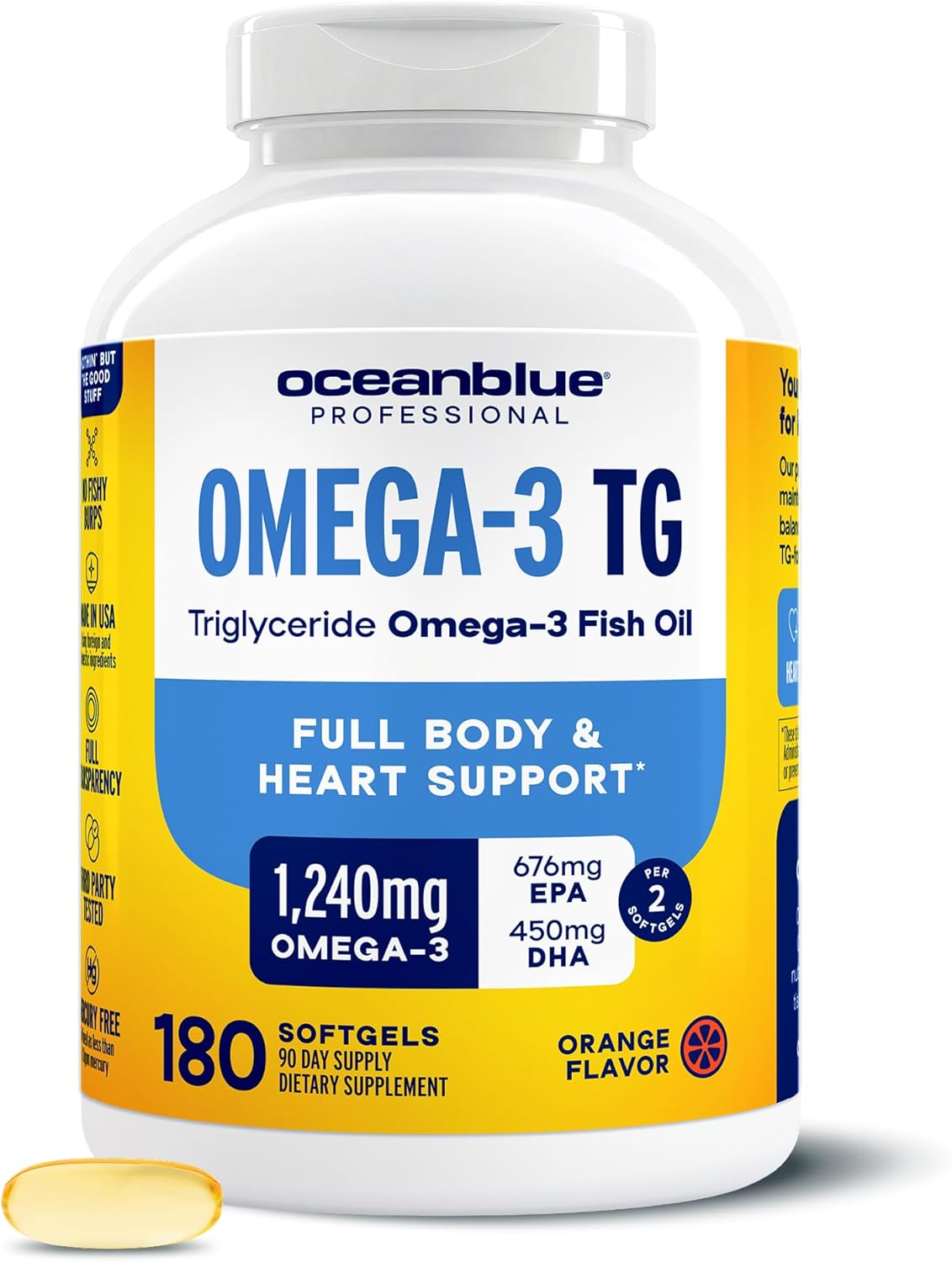 Oceanblue Omega-3 TG Fish Oil - Heart, Brain, Eye Support | 180 Softgels - 90 Servings | 1240mg Omega-3, 676mg EPA, 450mg DHA | Burp-Free