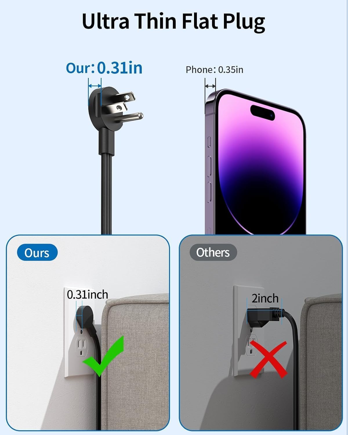 Extension Cord 25 ft, NTONPOWER Flat Plug Power Strip with USB, 3 Outlet 2 USB Desktop Charging Station, Wall Mount Power Strip for Home Office, Black