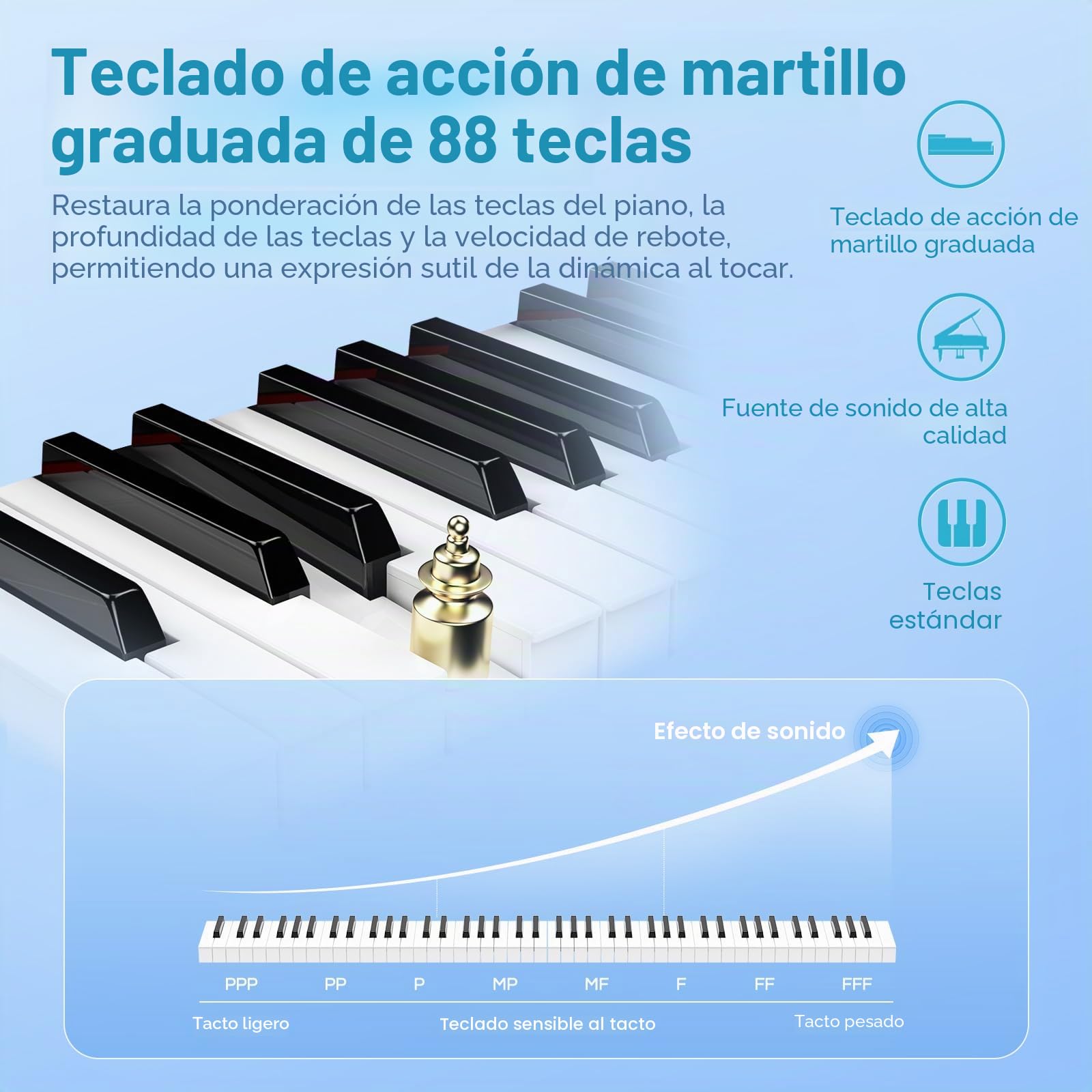 TERENCE Piano digital 88 teclas con Teclado Graded Hammer Compact 2x25W Altavoces Duales Grabación, Bluetooth, MIDI, compatibilidad con auriculares y altavoces, teclado dual, audio espacia