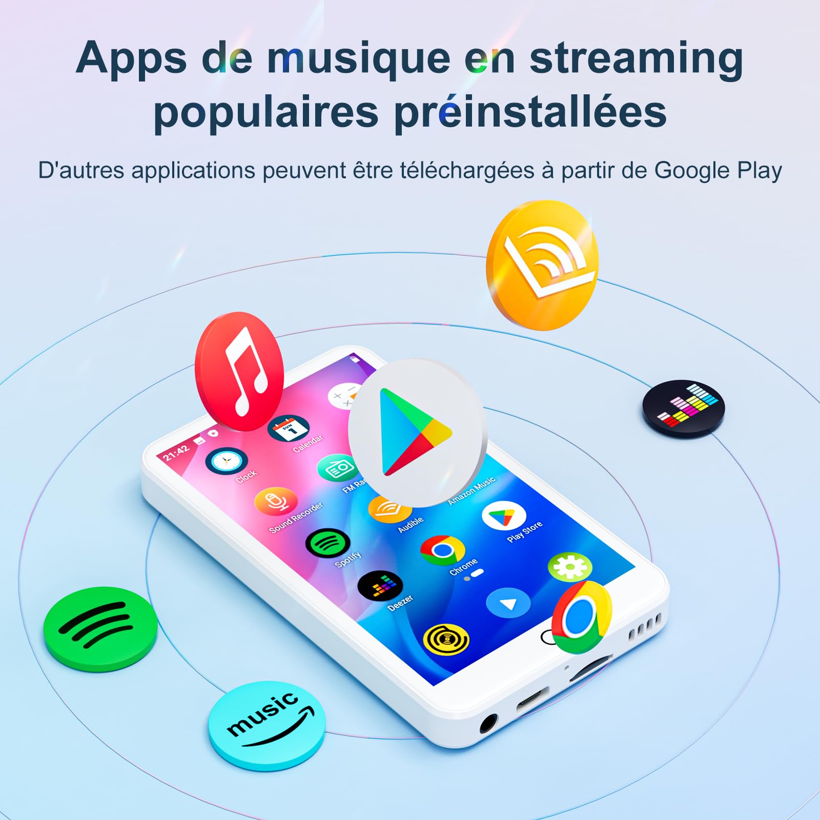 MECHEN Lecteur MP3 Spotify Bluetooth MP4 Radio WiFi Android 9.0 Écran Tactile 4 Pouces Blanc