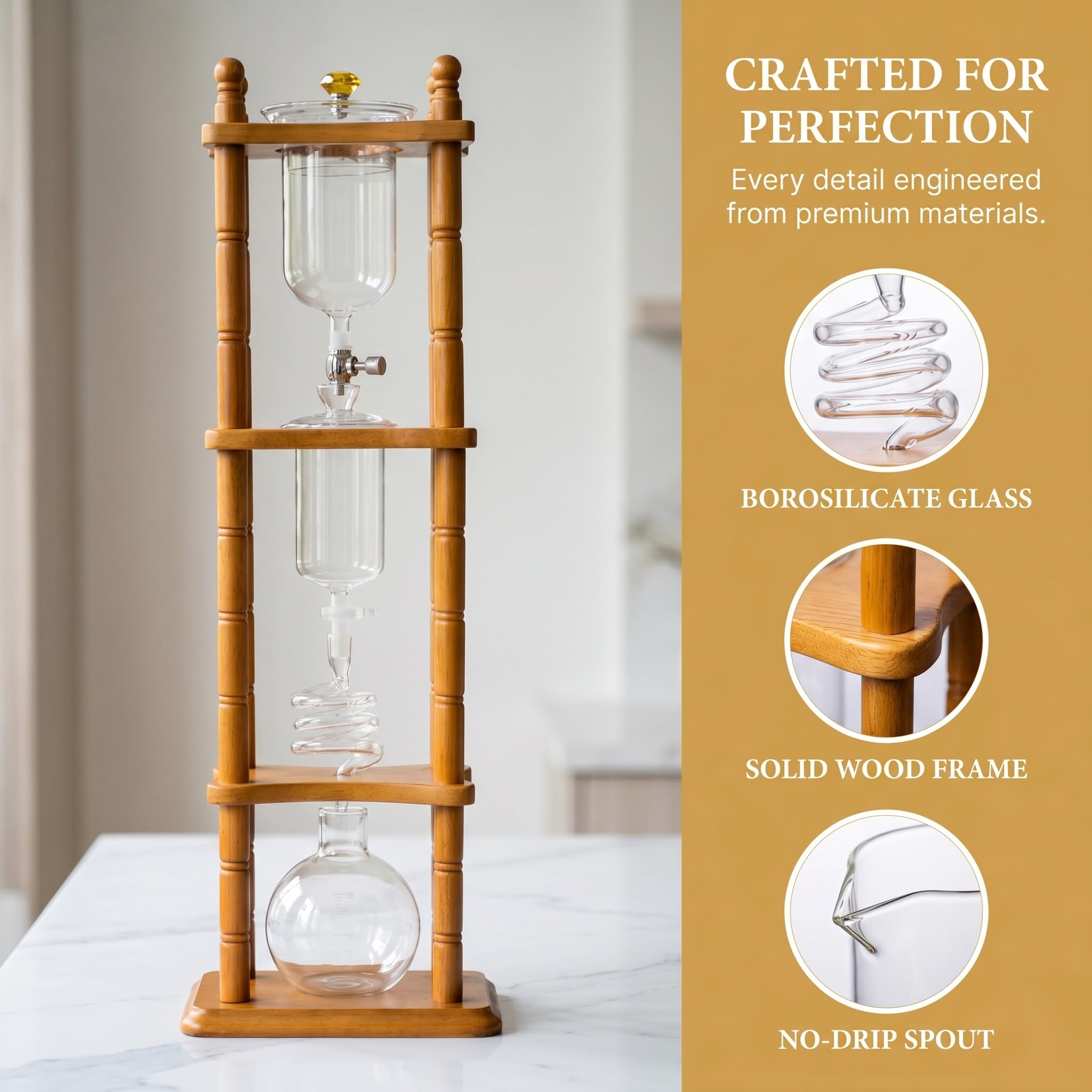 Cafetera Cold Brew Tower, Máquina De Café Helado Con Válvula Ajustable, Estructura Recta De Madera, Jarra De Vidrio De 720 Ml - Prepara De 5 A 7 Tazas, Extracción A Baja Temperatura Y Velocidad