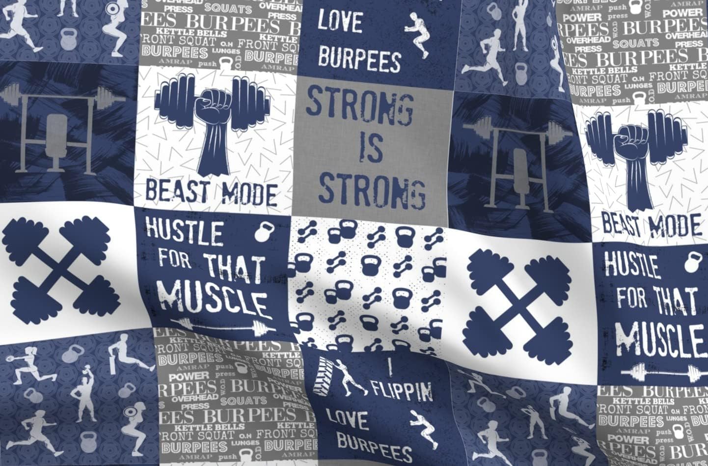 Spoonflower Fabric - Navy Cheater Quilt Inch Squares Gym Fitness Bell Exercise Athlete Printed on Organic Cotton Sateen Fabric by The Yard - Sewing Quilting Apparel Home Decor