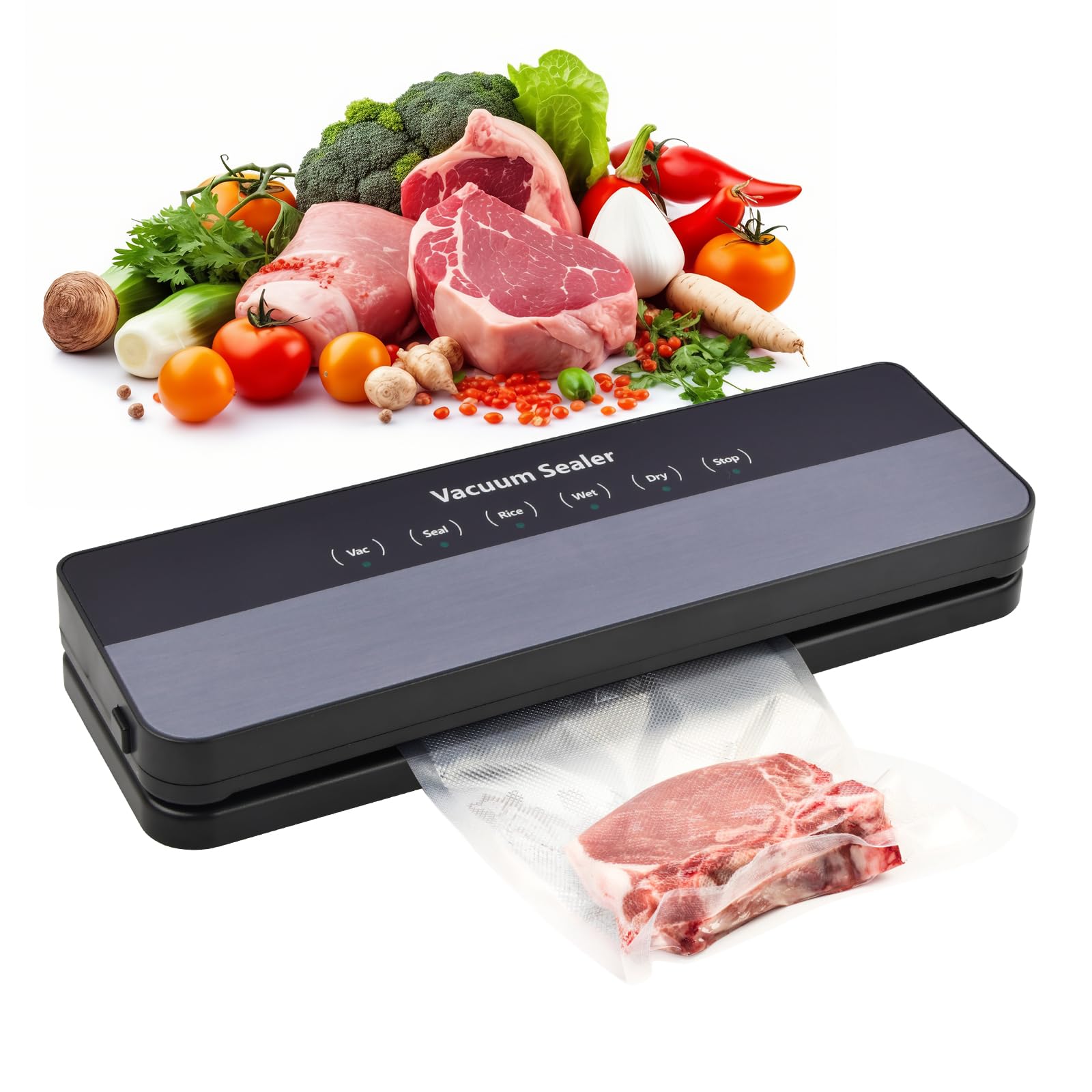 Sigillatrice sottovuoto 5 in 1 con potente aspirazione da 65 KPA, macchina sottovuoto per alimenti, con 10 sacchetti sottovuoto, barra di tenuta più lunga di 30 cm, per conservare alimenti freschi e