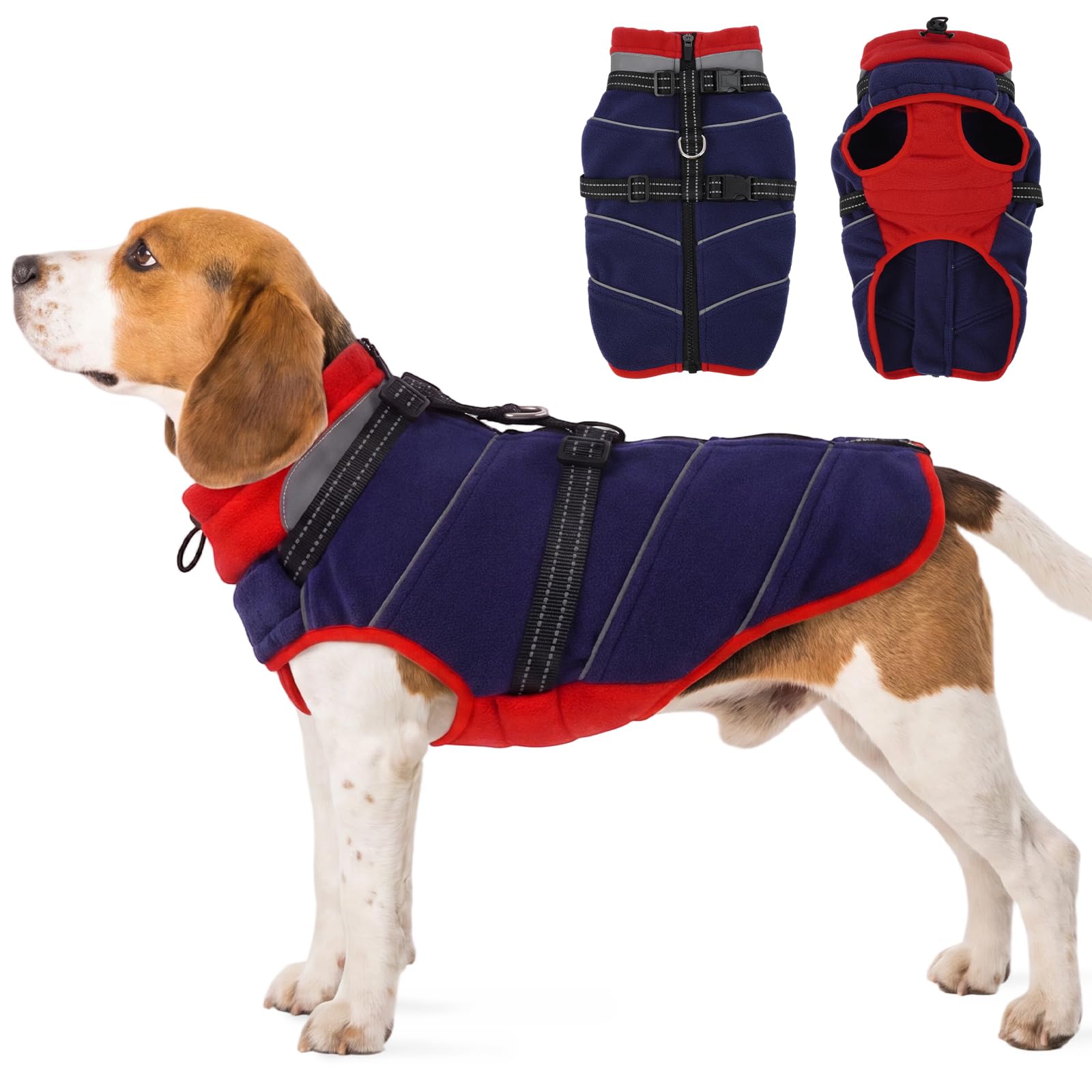 OUOBOB Dog Fleece Coat Built In Harness Reflective Winter Jacket Blue M