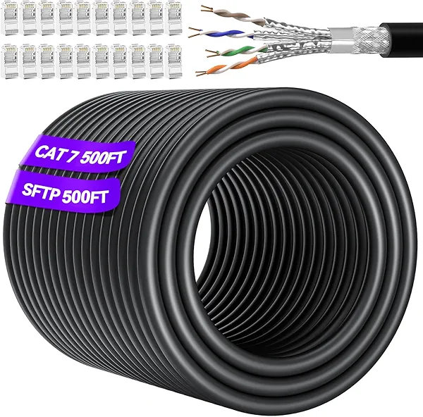 Cat 7 Outdoor Ethernet Cable 500ft (20 RJ45), SFTP Cat 7 Triple Shielded Ethernet Cables, High Speed 10 gigabits 600MHz, Waterproof, Direct Burial, UV Resistant Internet Cable 500ft for Router Gaming