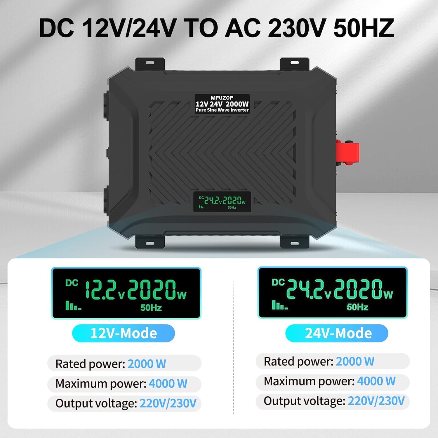 Dual-Voltage Wechselrichter 12V/24V auf 230V Reiner Sinus 2000W mit Automatischer Spannungserkennung, Spannungswandler 4000W Spitze, 2 EU Steckdosen, USB-C & USB-A, LCD-Anzeige