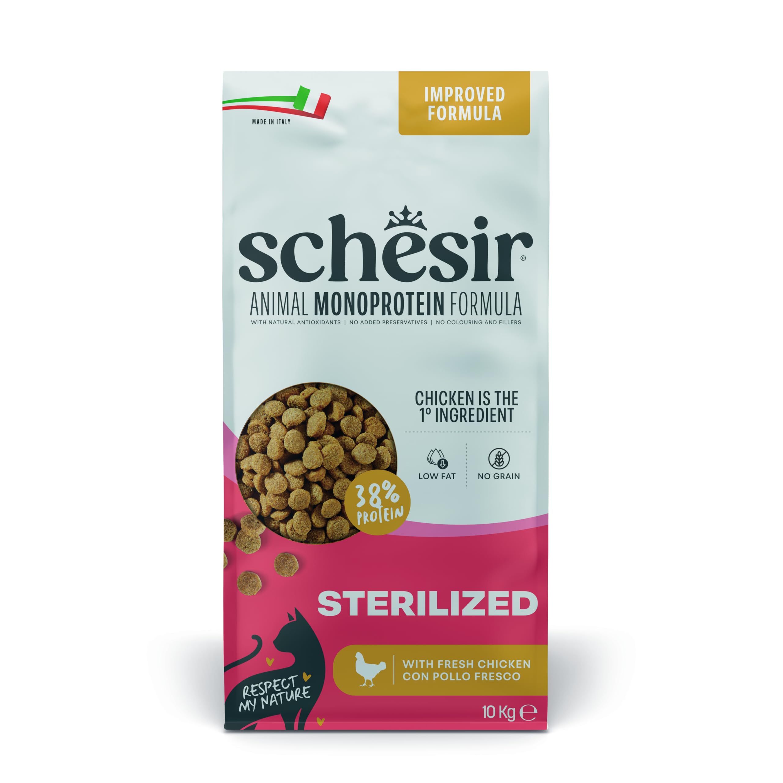 Schesir Animal Monoprotein Sterilized Pollo, Croccantini per Gatti Adulti Sterilizzati, Alimento Secco Monoproteico, Vitamine Aggiunte, Senza Conservanti e Coloranti, 10 kg
