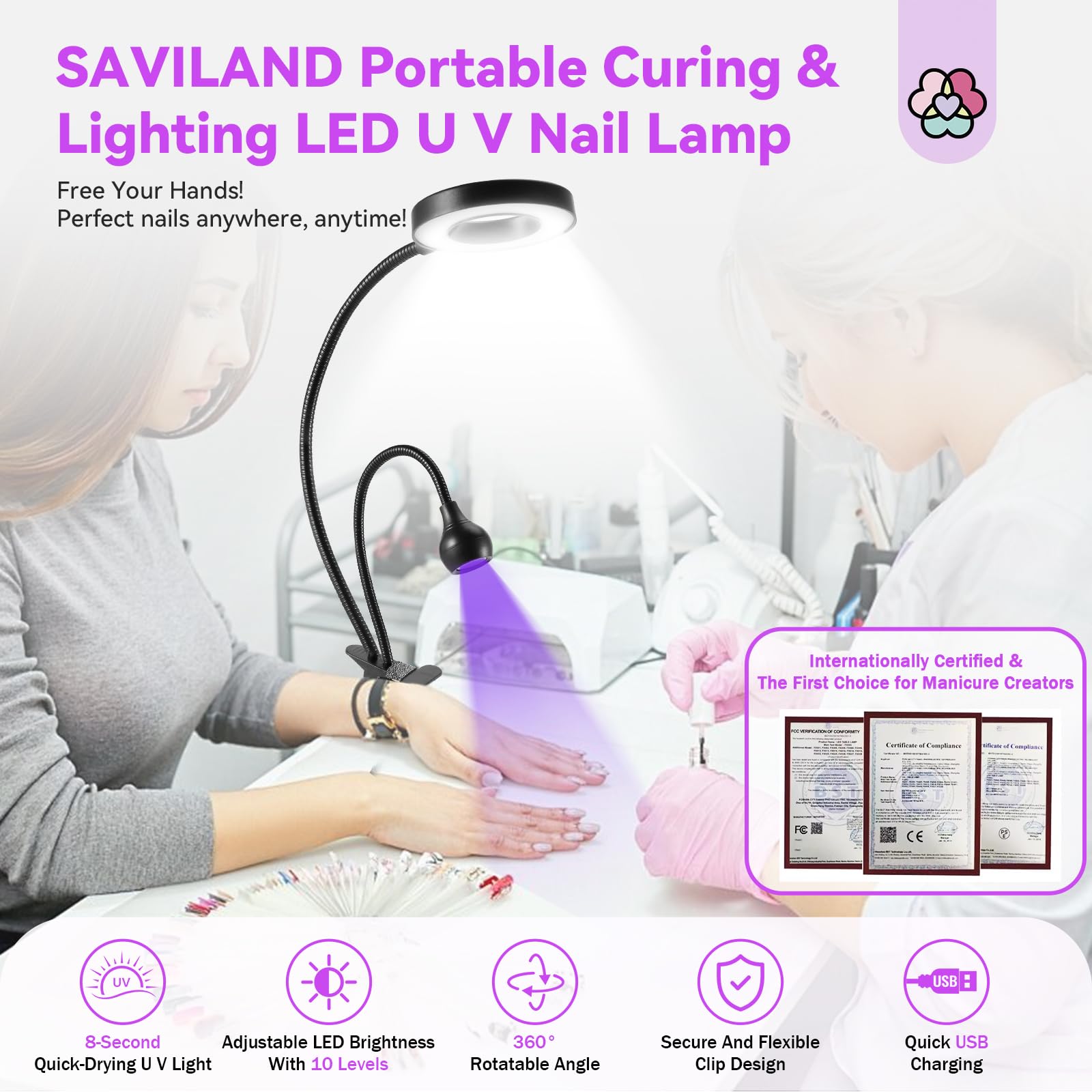 SAVILAND LED U V Nail Lamp Dual-Light: 8s Flash Curing Gel U V Light 10-Levels Brightness Gooseneck U V Led Nail Lamp Desk Clip for Gel Tip Nails Polish Press On Nails Portable Easy-hold Ongoing Black - Image 3