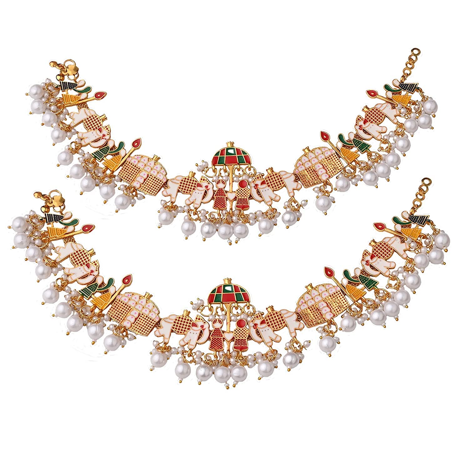 GenericWomen's Traditional Gold Plated Pair Of Anklets Barati/Doli Payal For Bride With Hanging Pearls Barefoot Jewelry