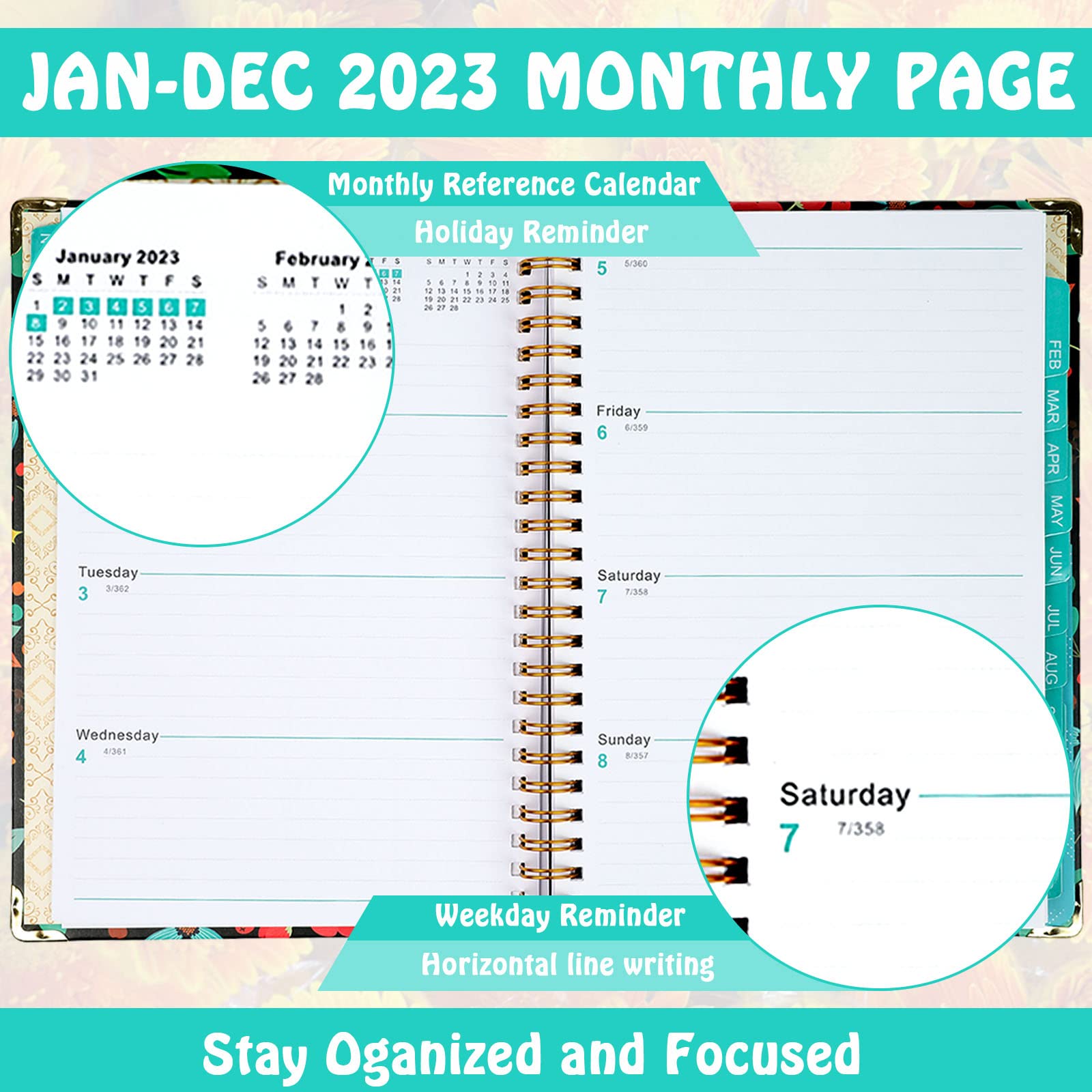 Agenda 2023 – Agenda settimanale e mensile 2023, gennaio – dicembre 2023, 16,3 x 21,6 cm, con linguette, tasca posteriore, doppia forte (stile 2)