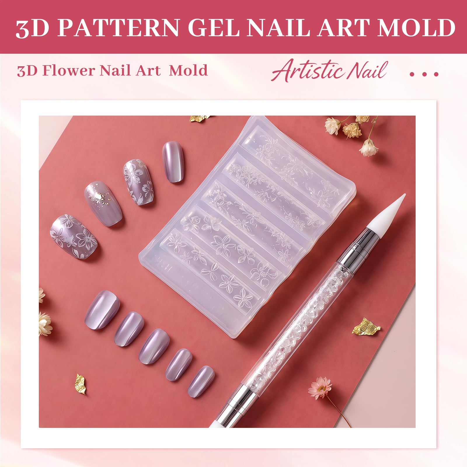 Set de Moldes de Silicona 3D para Diseño de Uñas, Flores y Encajes DIY con Lápiz Aplicador