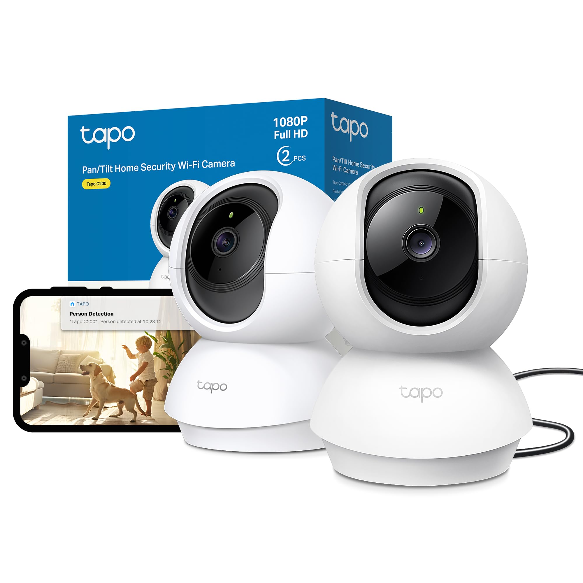 Tapo C200 2-Pack 1080p Pan/Tilt Indoor Camera, Baby Monitor, Motion Detection, Customizable Privacy Mode, 2-Way Talk, Night Vision, Cloud and Local Storage, Works With Alexa and Google, No Monthly Fee