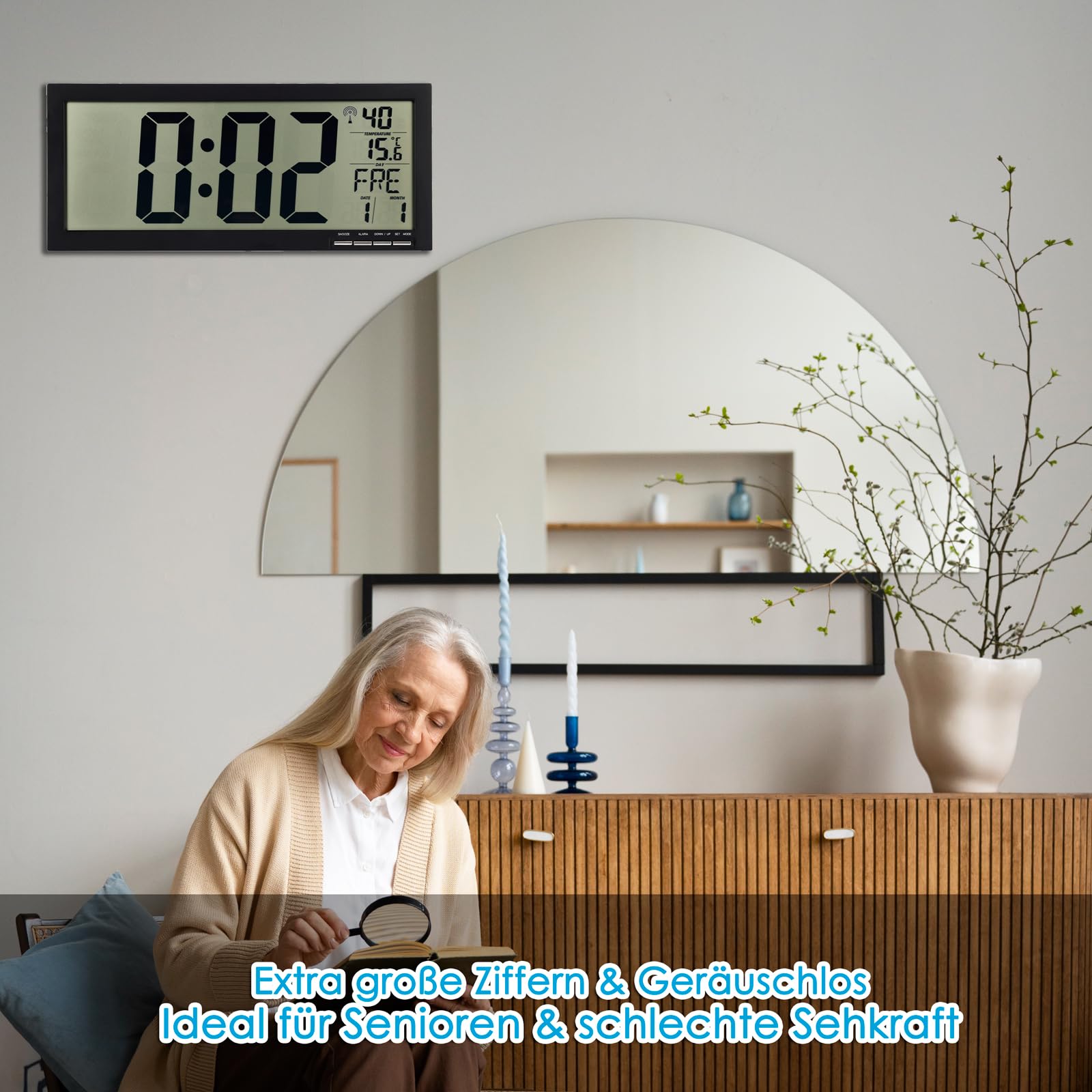 Crosstime Grande orologio da parete digitale per anziani – orologio radio con data, giorno della settimana e temperatura, facile da leggere, nero, 37 x 16 cm