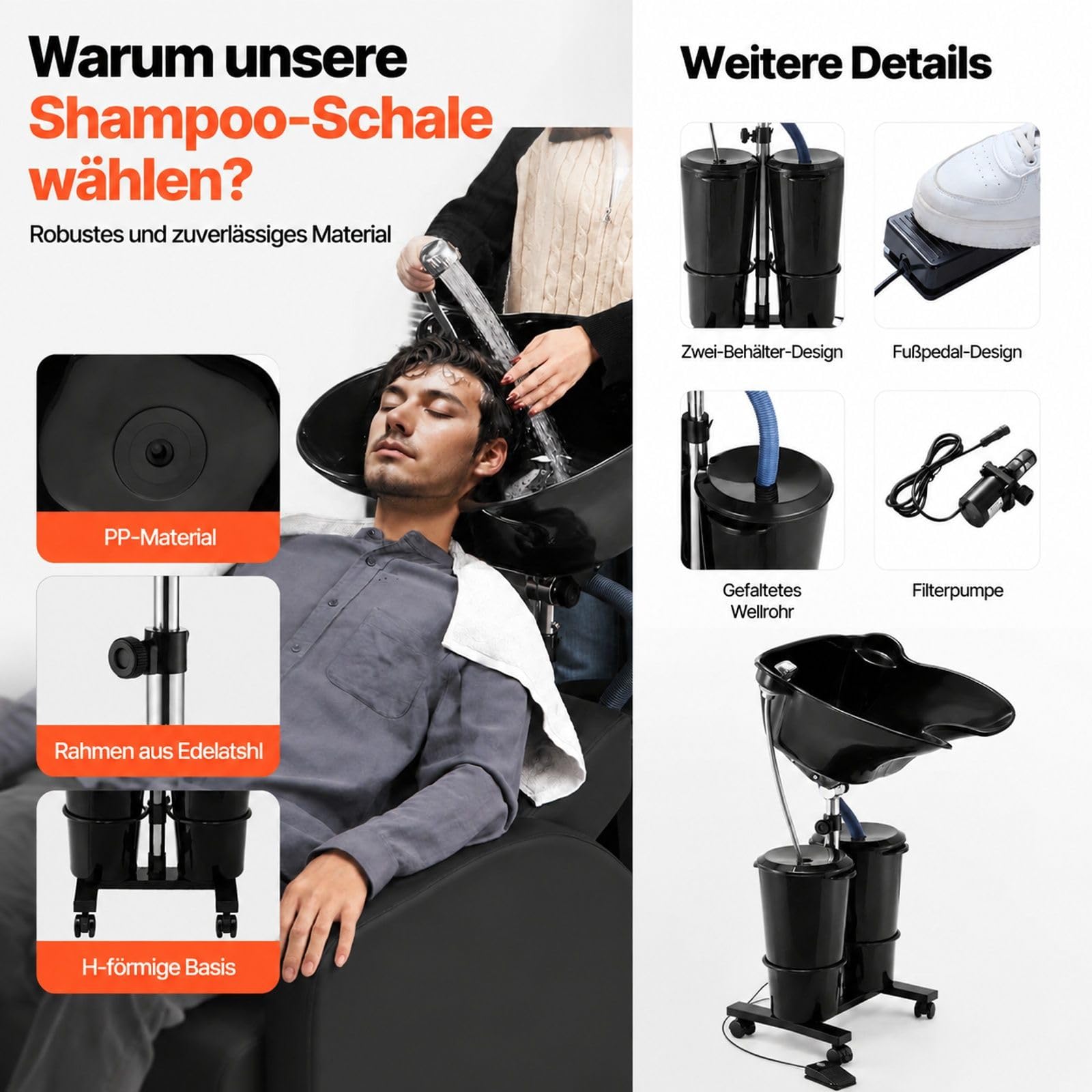 Tragbares Friseurwaschbecken in Schwarz, mit elektrischer Pumpe, 2 Eimern, 2 Duschköpfen, Ablaufschlauch, höhen- und winkelverstellbar für Salon