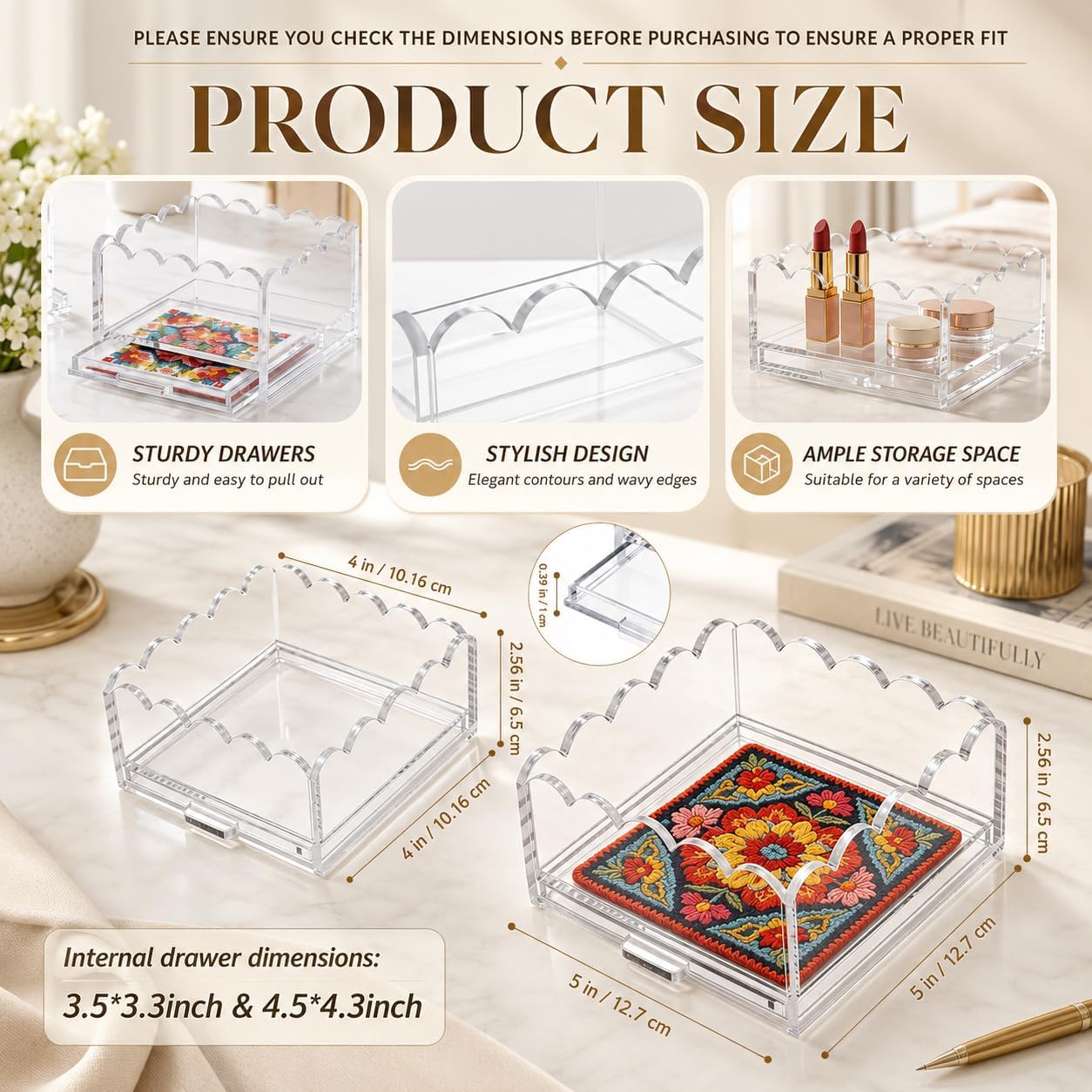 2 Pack Scalloped Acrylic Trays with Insert Drawer, 4" x 4" and 5" x 5"