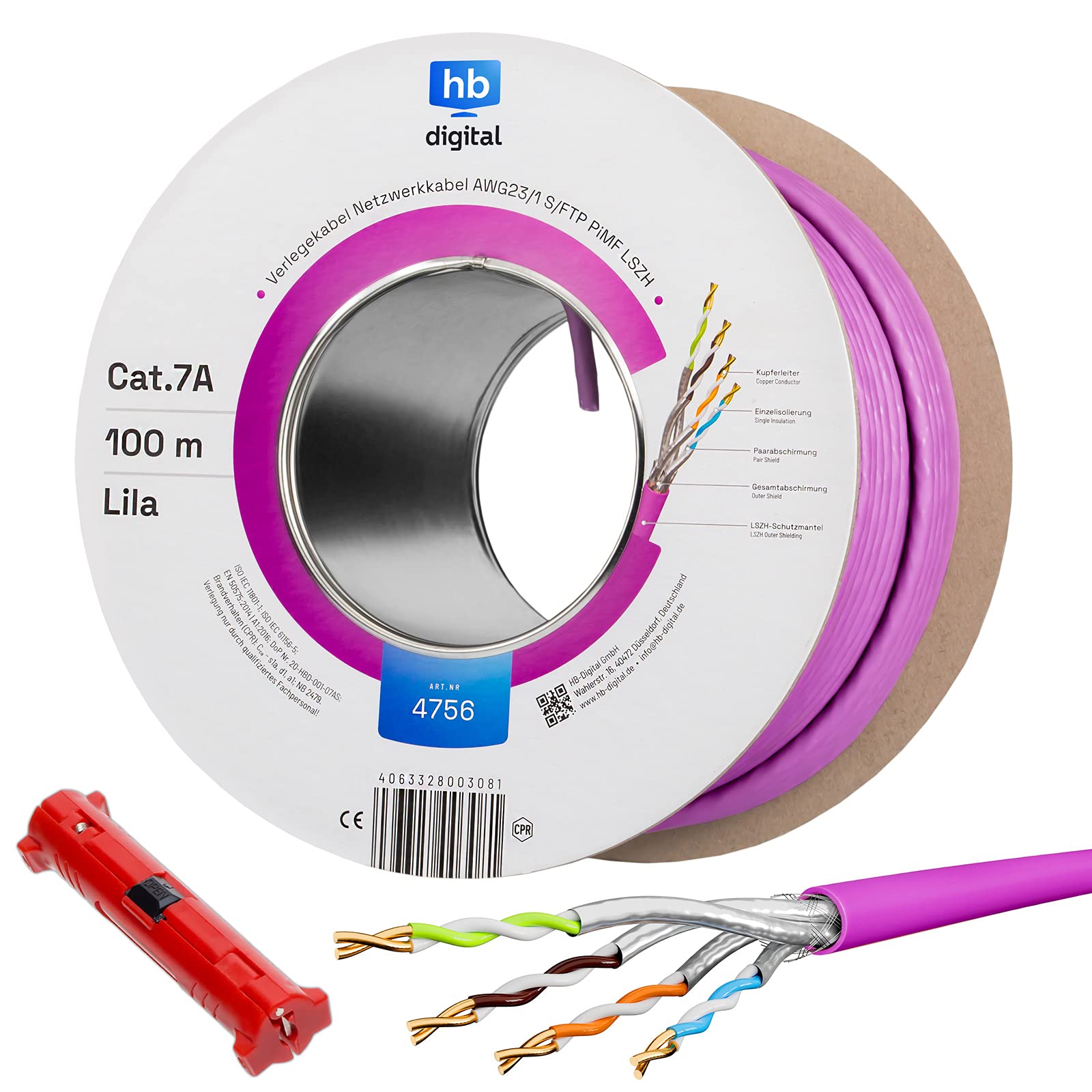 Câble réseau HB-DIGITAL CAT.7a - 100m - Jaune - Ethernet LAN AWG23 - Cuivre pur S/FTP PiMF LSZH - Sans halogène - Installation conforme RoHS - Câble de données PoE 10 Gbit/s max 1200 MHz + dénudeur