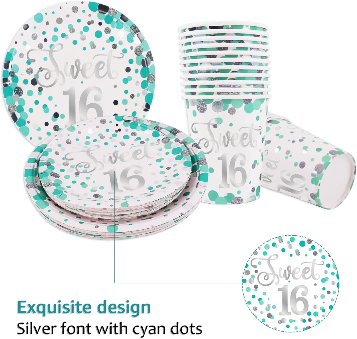 Sweet 16 Party Decorations - Teal Plates, Napkins, Balloons, Sash, Caketopper, Metallic Curtains, Tablecover for 20 Guests - Image 5