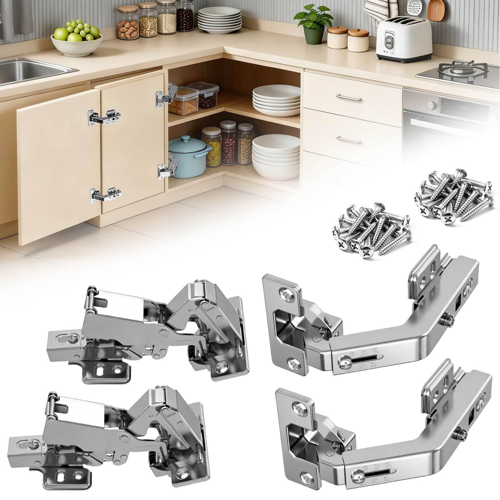 Paquete de 2 bisagras de 135 y 180 grados, superposición completa, juego de bisagras plegables para puerta de armario con Lazy Susan oculto sin marco, kit de accesorios para gabinetes de esquina