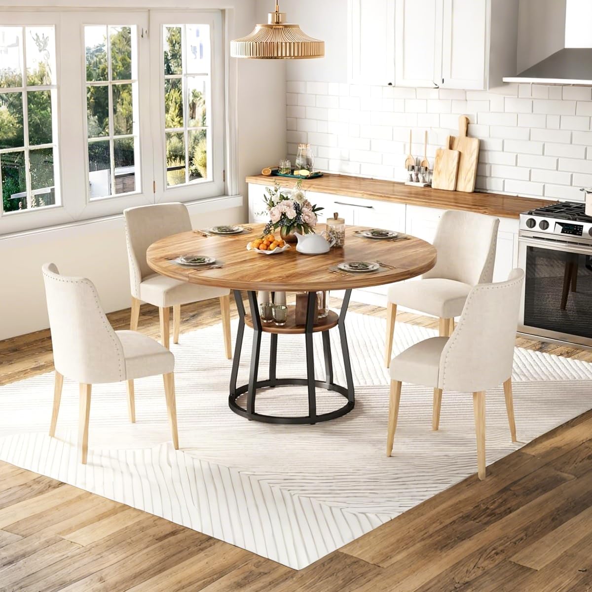 GarveeHome 47 Inch Round Dining Table with Storage Shelf, Farmhouse Circle Kitchen Table for 4-6, Space-Saving Wood Top, Metal Legs, for Kitchen, Dining & Living Room, Apartment, Table Only-Brown