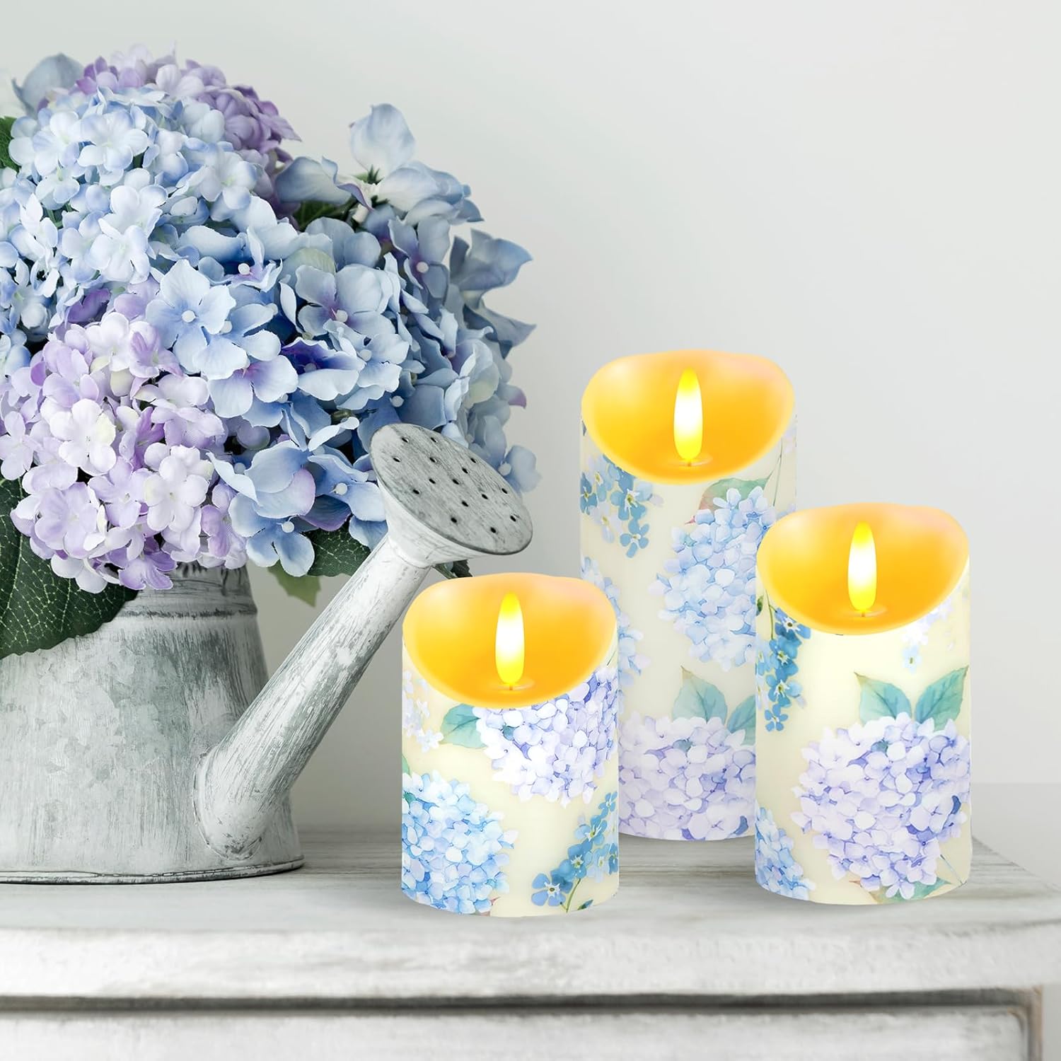 3 Pcs Hydrangea Flameless Candles Wedding Table Centerpiece Chinoiserie Candles Hydrangea Floral Printed Faux Candles with Remote Timer for Wedding Easter Home Holiday Table Decor