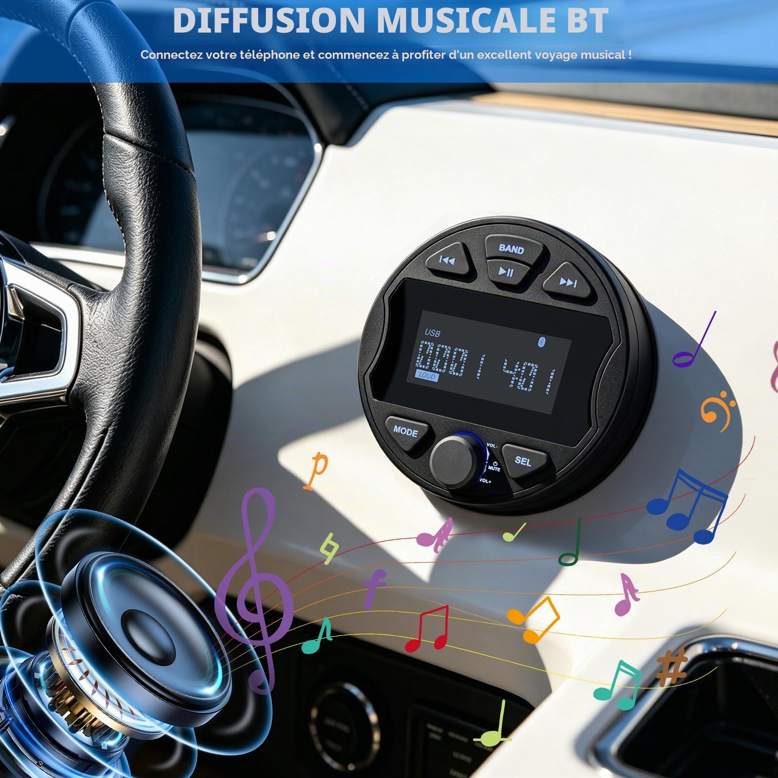 Récepteur stéréo Marin MP3 avec Fonction Radio numérique AM/FM, USB, BT et étanchéité IPX6, adapté pour Bateaux, péniches et Utilisation Professionnelle